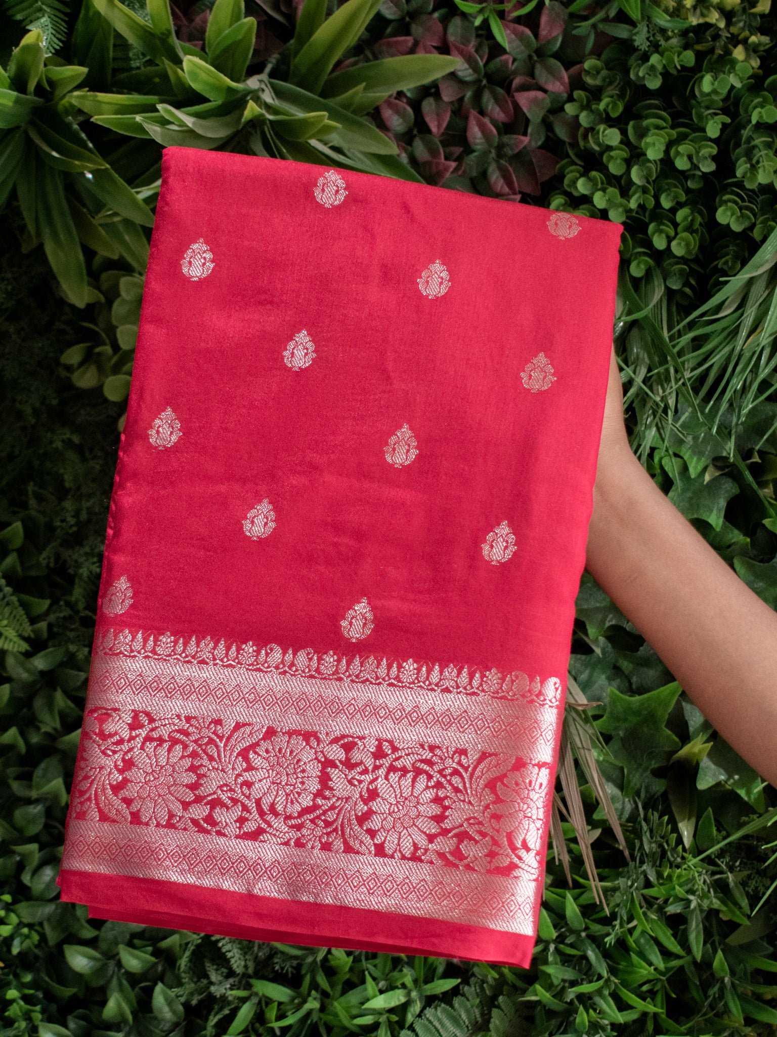 Banarasi Cotton Silk Saree With Silver Zari Buti & Border-Strawberry Pink