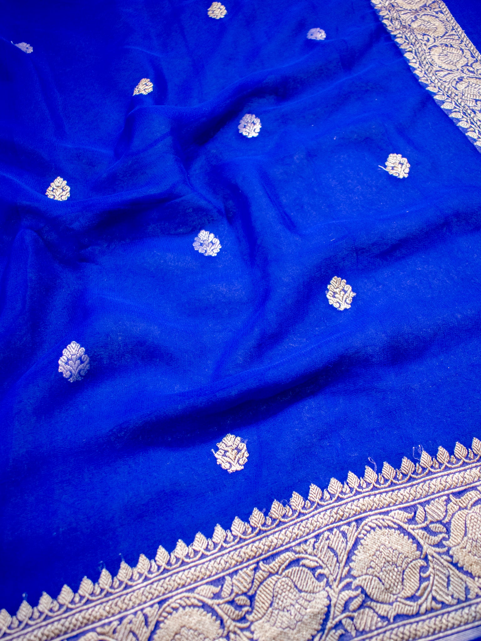 Banarasi Pure Khaddi Georgette Saree With Sona Rupa ZariButi Weaving- Blue