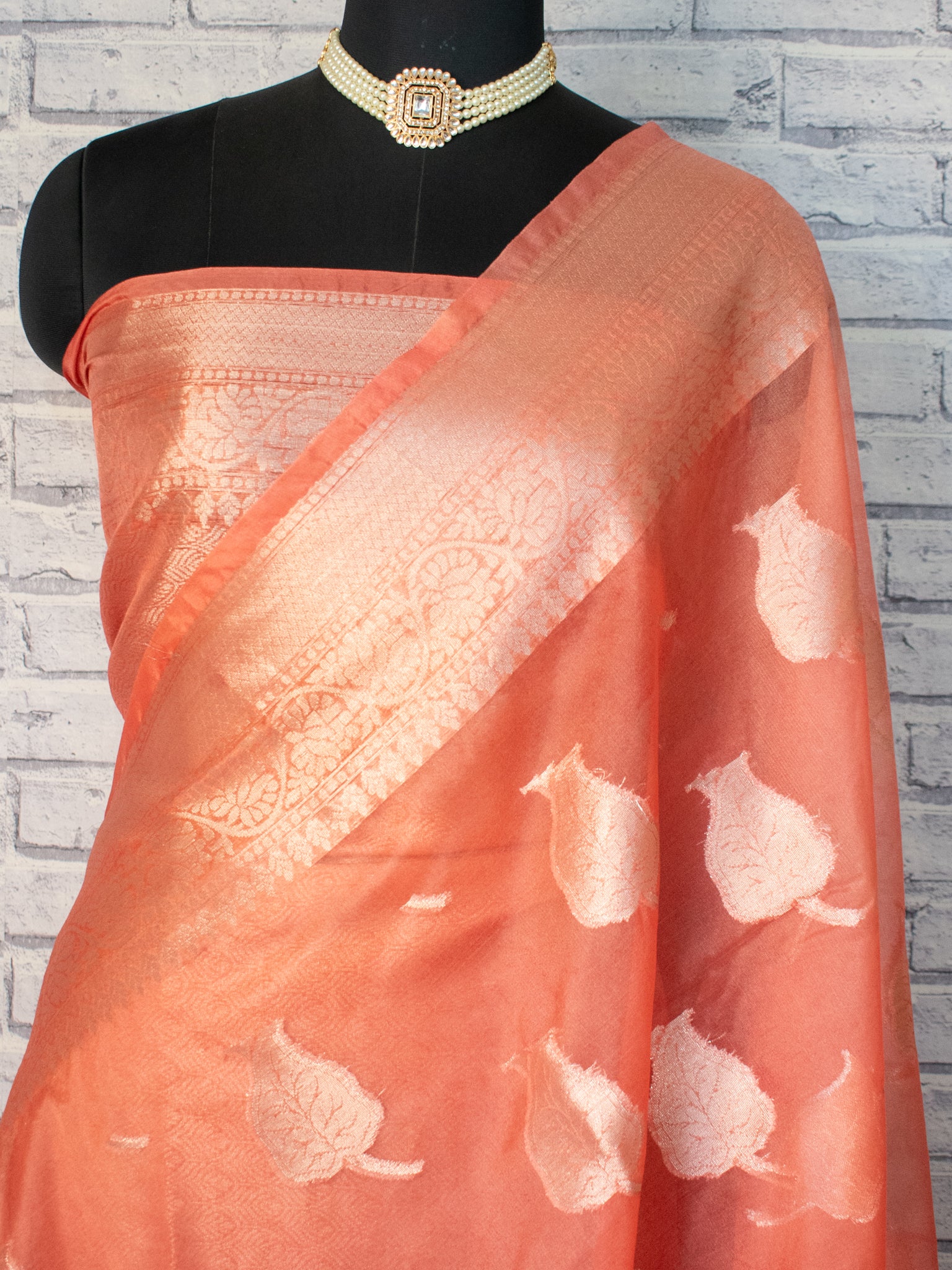 Banarasi Organza Saree With Silver Buti & Border- Peach