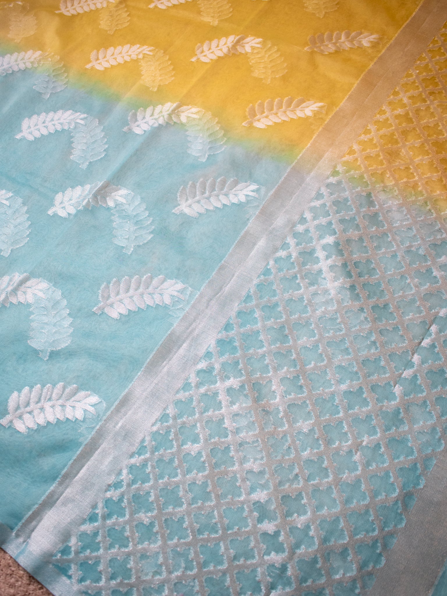 Banarasi Dual Shade Organza Saree With Zari Border- Yellow & Blue
