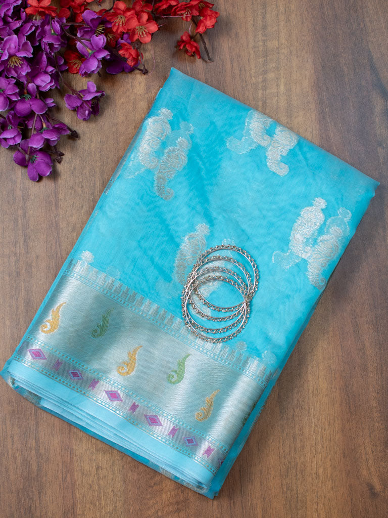 Banarasi Cotton Silk Resham & Zari Multi Coloured Weaving Saree-Blue