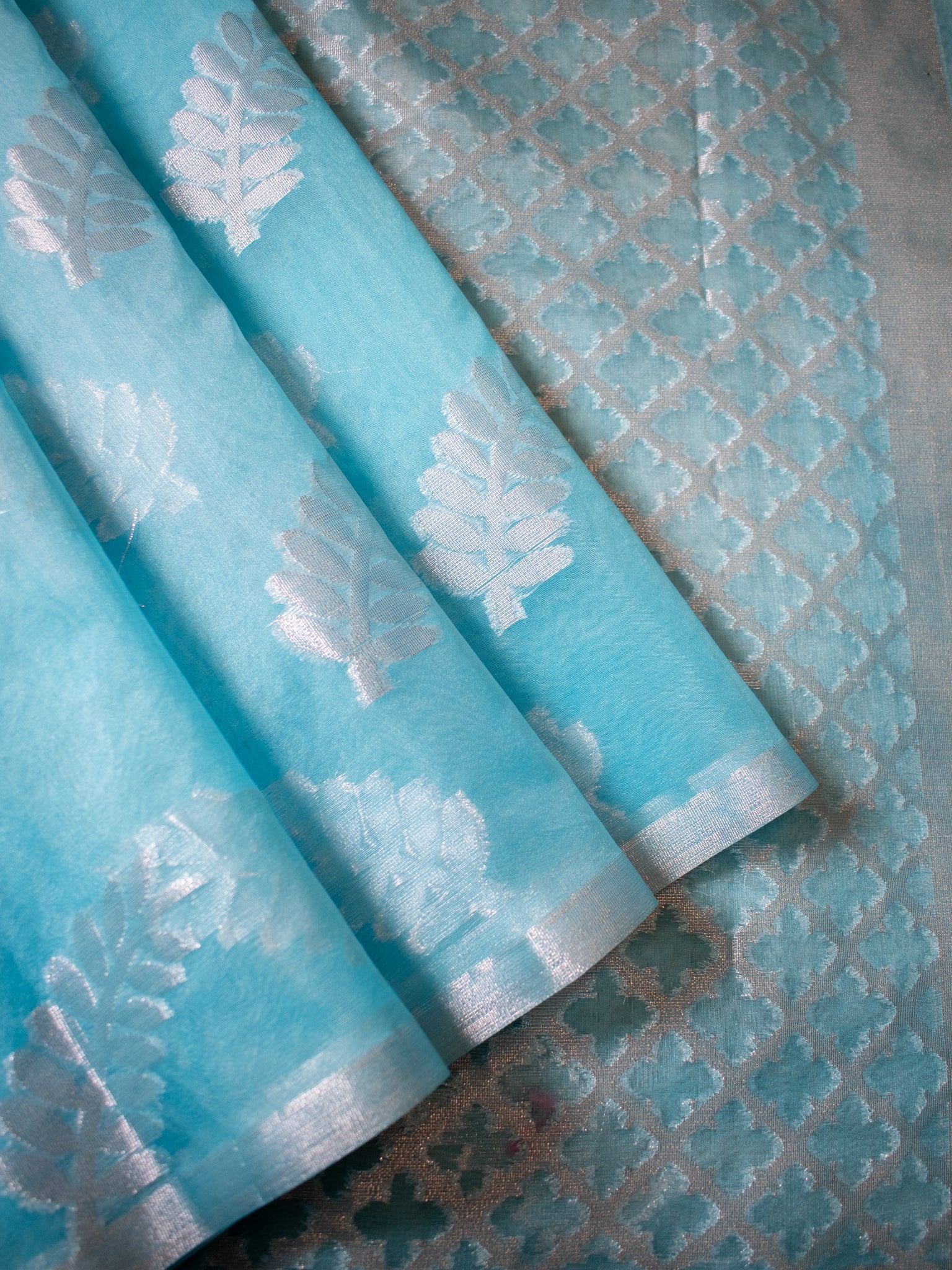 Banarasi Dual Shade Organza Saree With Zari Border- Yellow & Blue