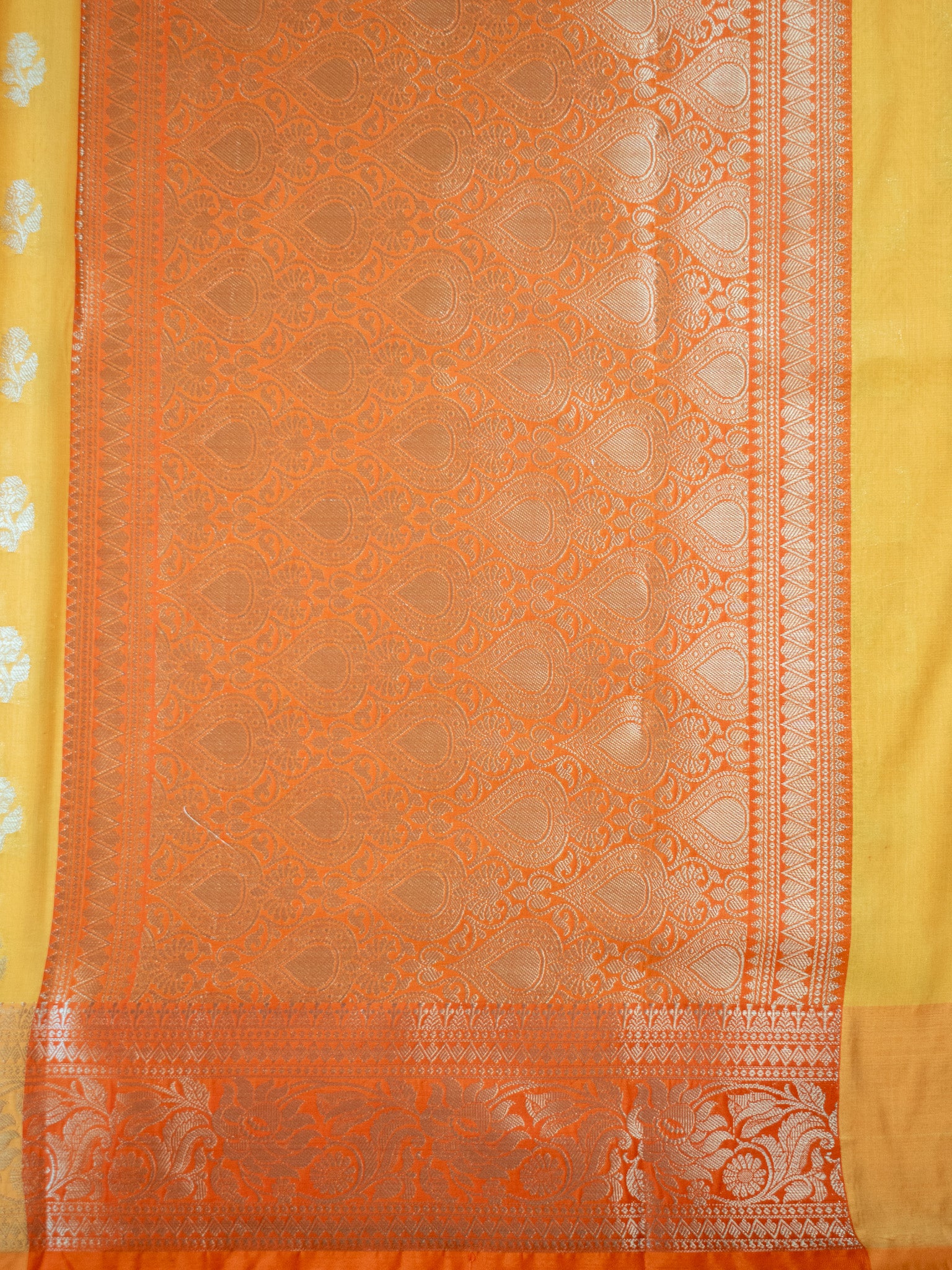 Banarasi  Cotton Silk Saree Silver Zari Weaving With Contrast Border- Yellow