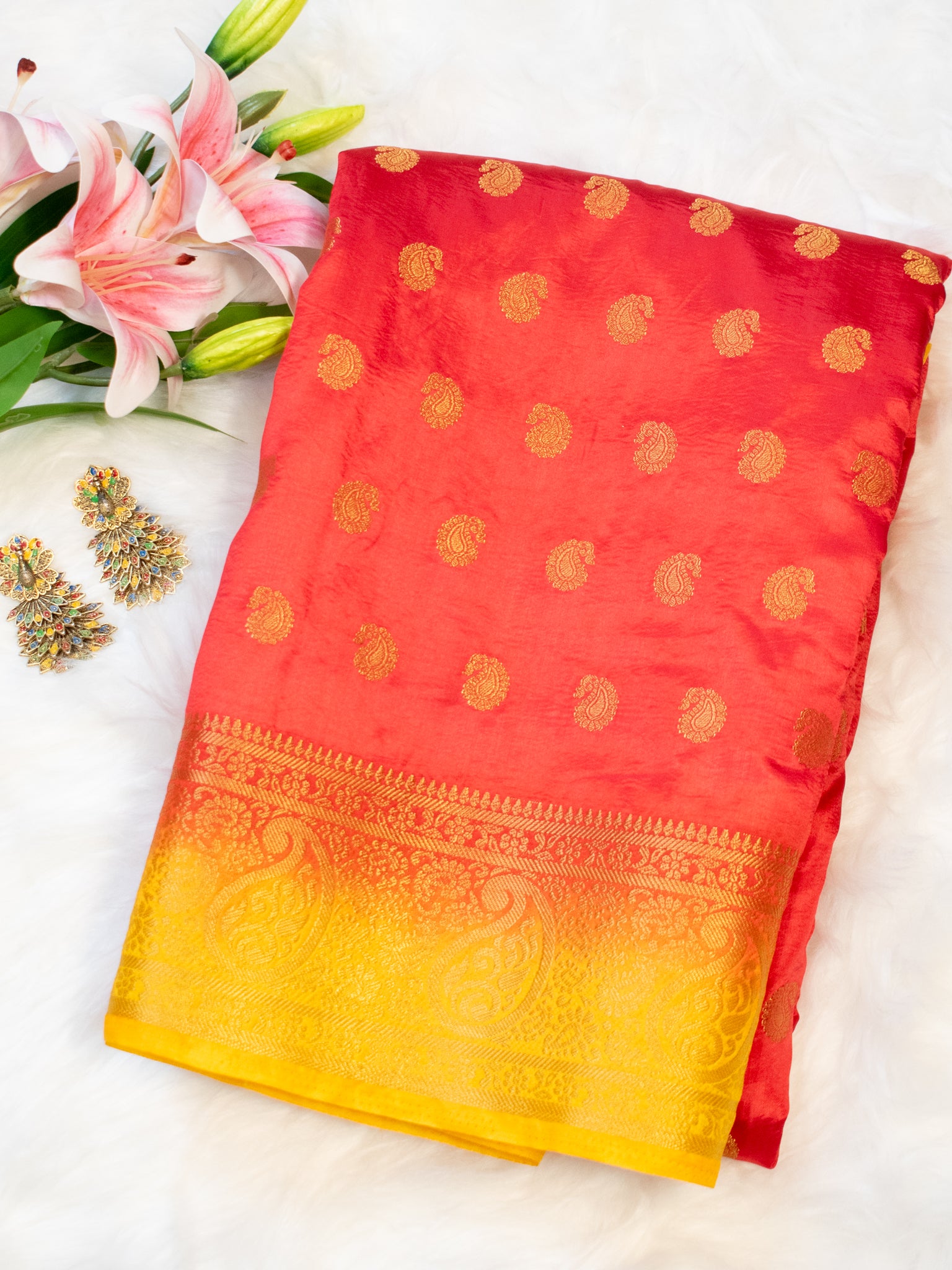 Banarasi Silk Saree With Zari Buti Weaving & Border-Red
