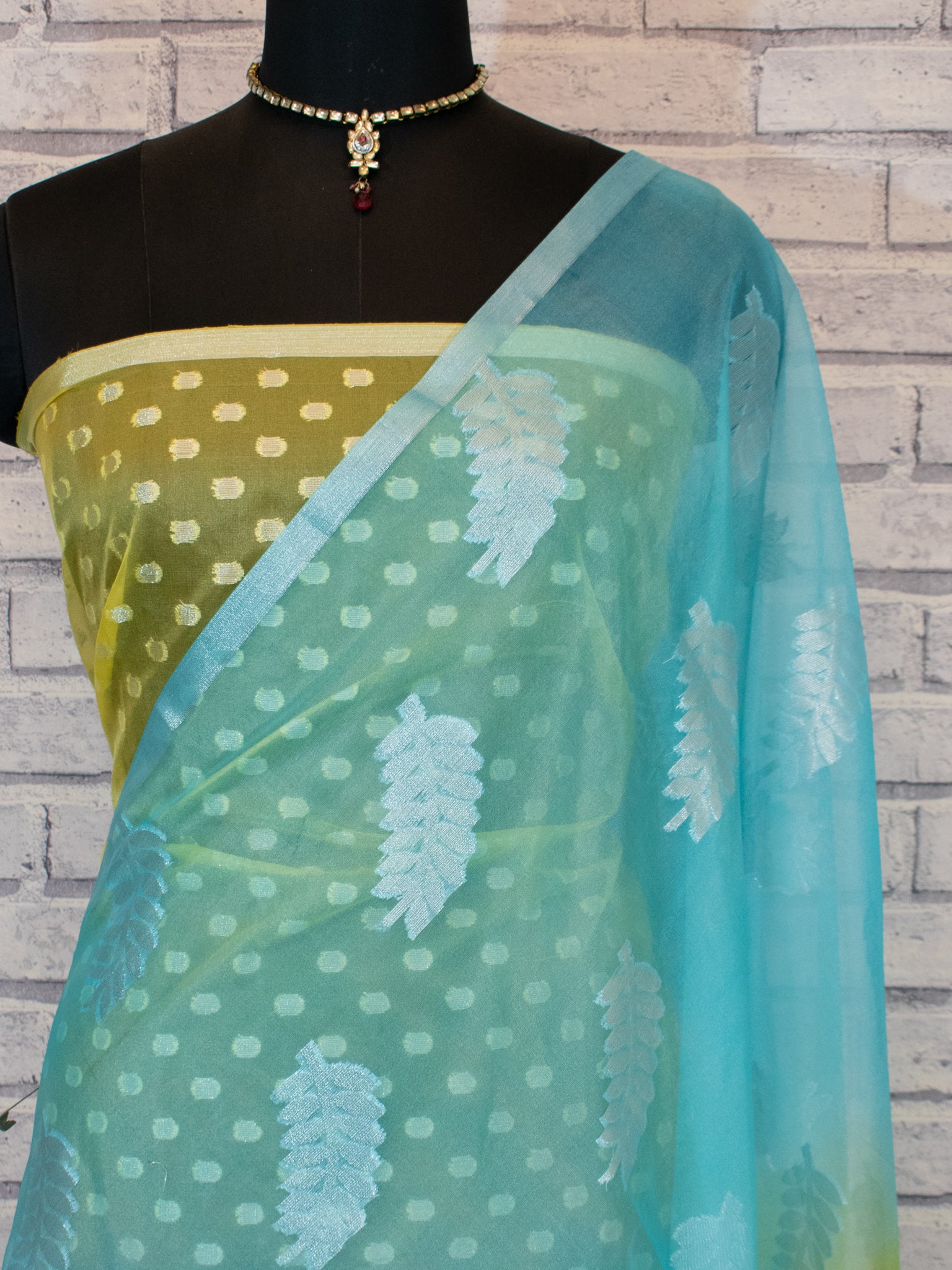 Banarasi Dual Shade Organza Saree With Zari Border- Yellow & Blue