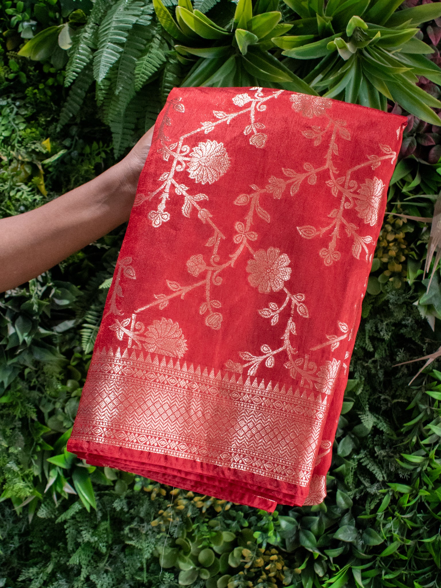 Banarasi Cotton Silk Saree With Floral Weaving & Border- Red