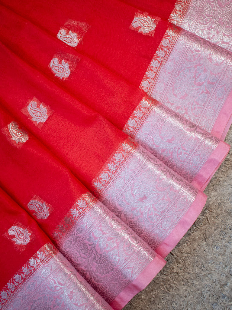 Banarasi Semi Chiffon Saree Silver Zari Buti Weaving & Contrast Border-Red