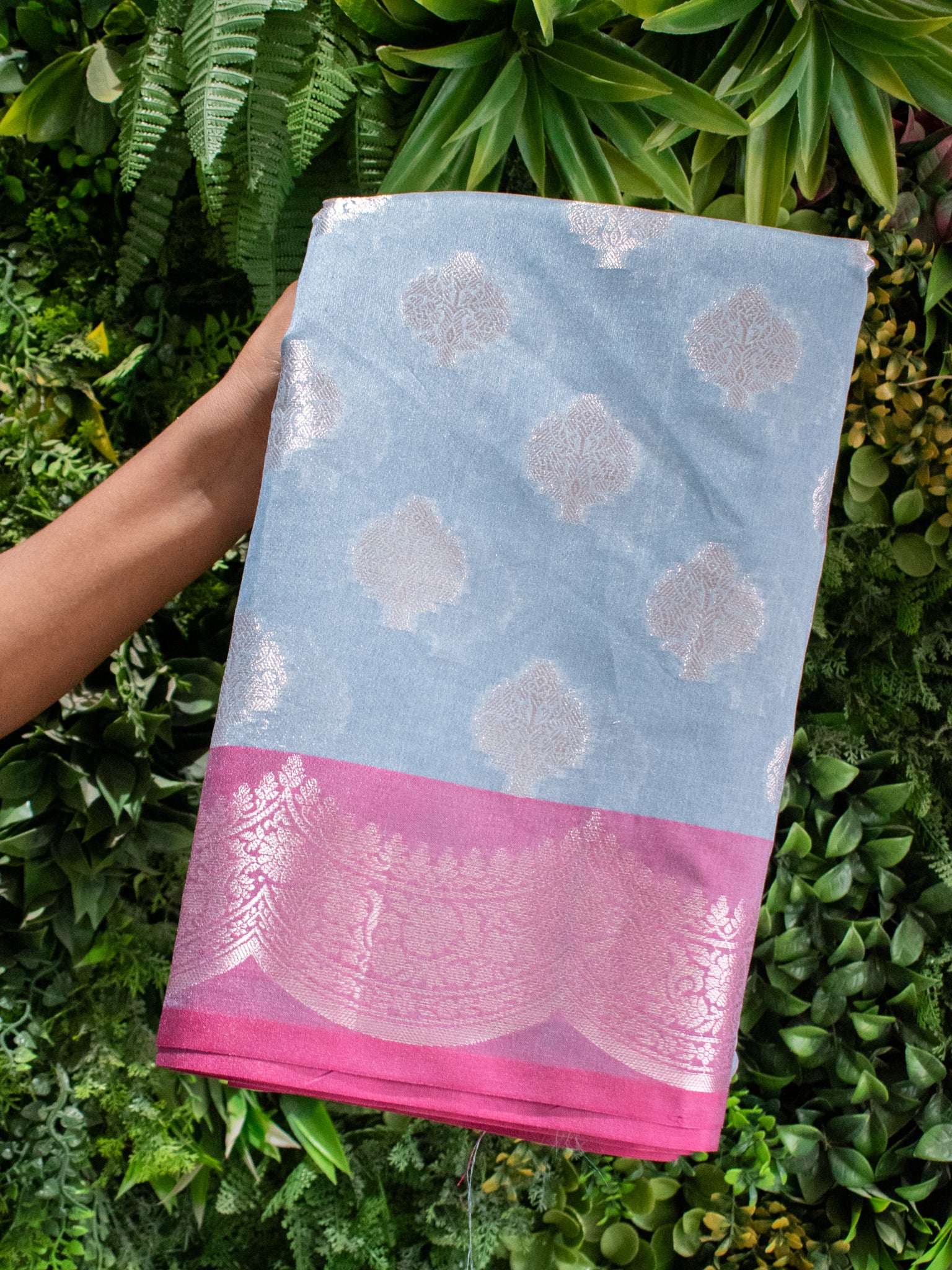 Banarasi Cotton Silk Saree With Buta & Contrast Border- Grey