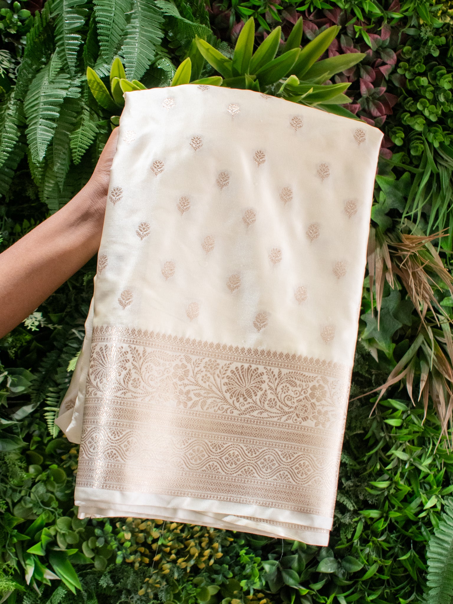 Banarasi Silk Saree With Buti Weaving & Border- Off White