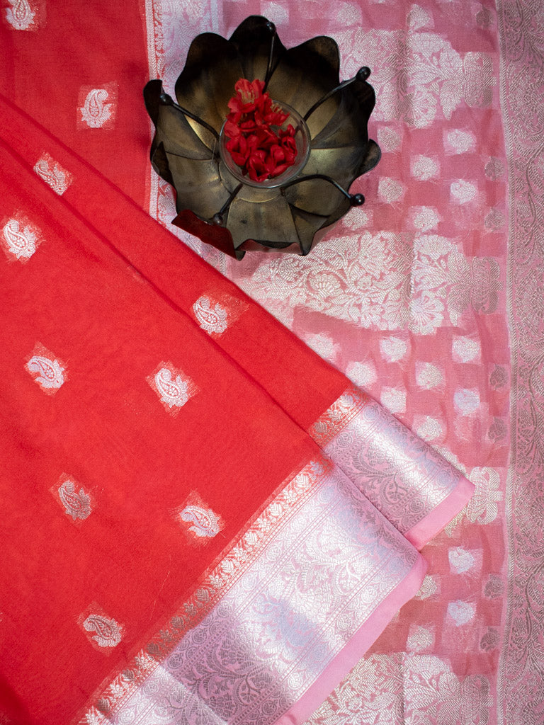 Banarasi Semi Chiffon Saree Silver Zari Buti Weaving & Contrast Border-Red
