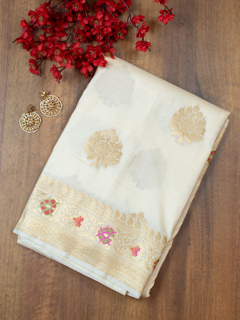 Banarasi Art Katan Silk Saree With Meena Buta Weaving-White