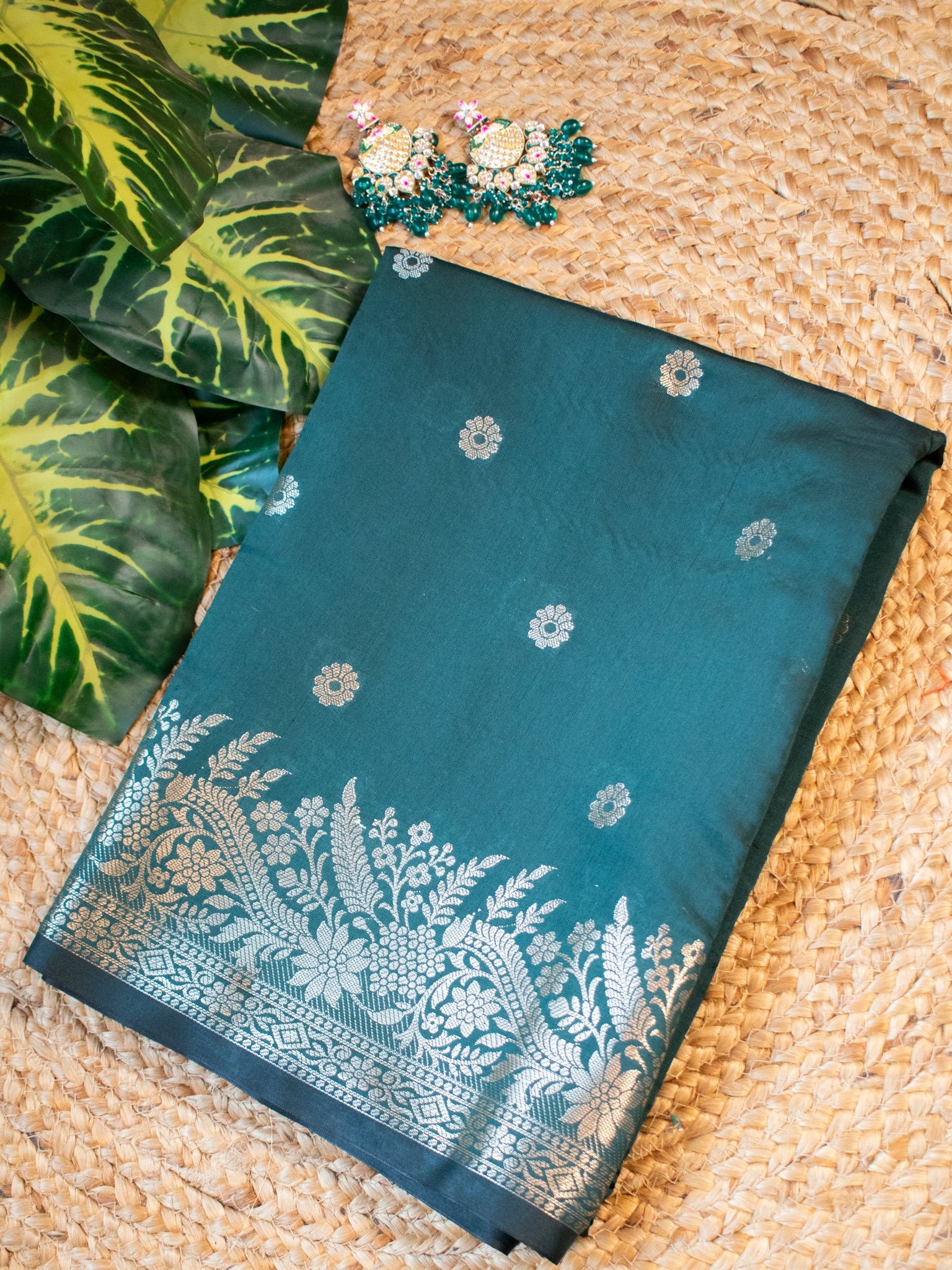 Banarasi Semi Katan Silk Saree With Border- Green