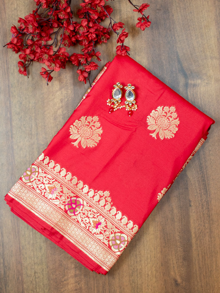 Banarasi Art Katan Silk Saree With Meena Buta Weaving-Red