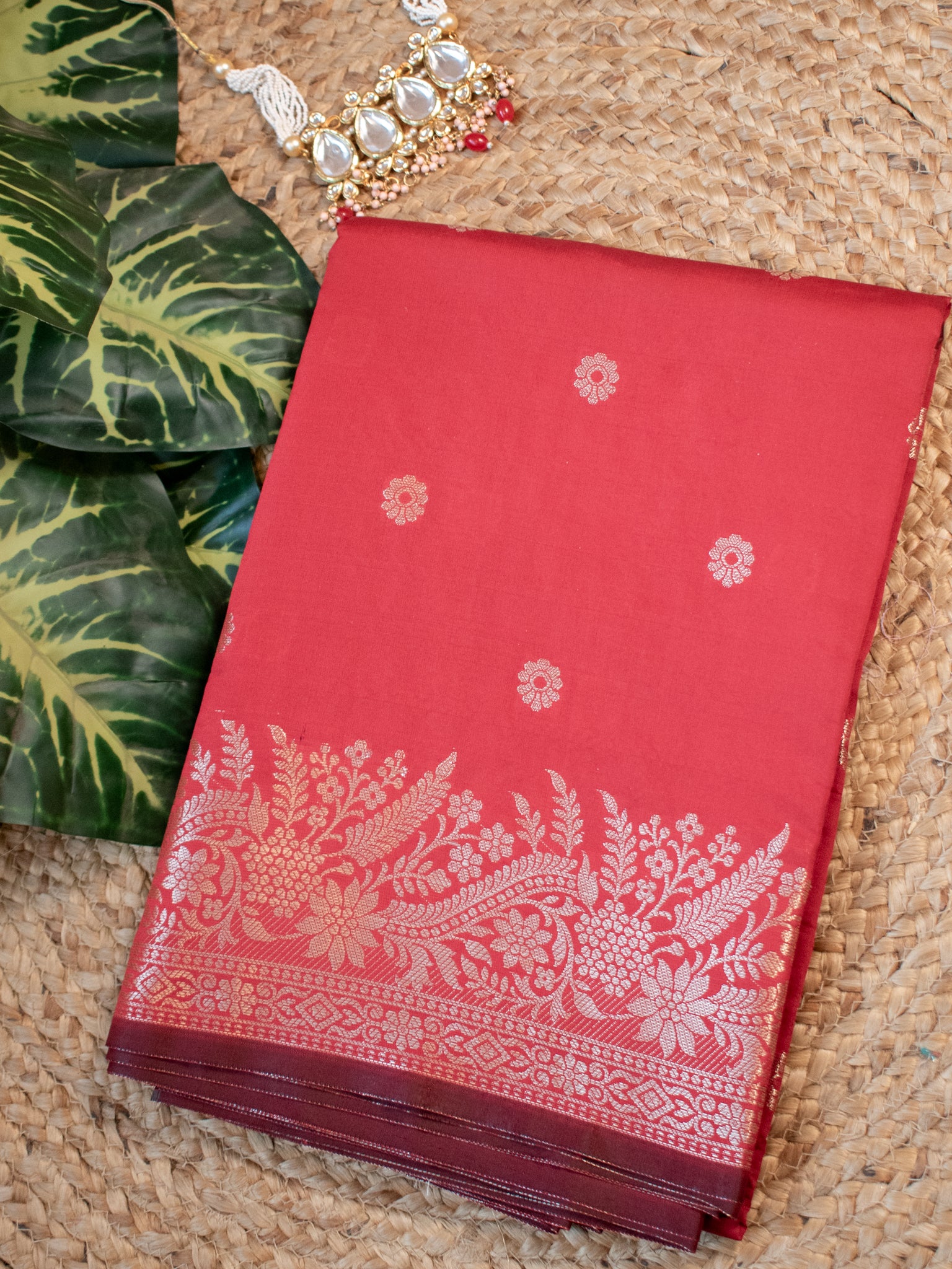 Banarasi Semi Katan Silk Saree With Border- Red