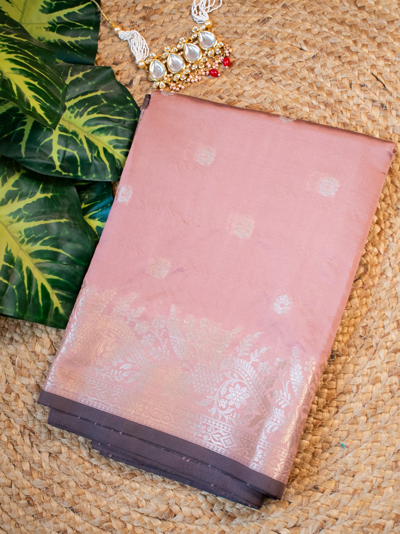 Banarasi Semi Katan Silk Saree With Border- Sand Brown
