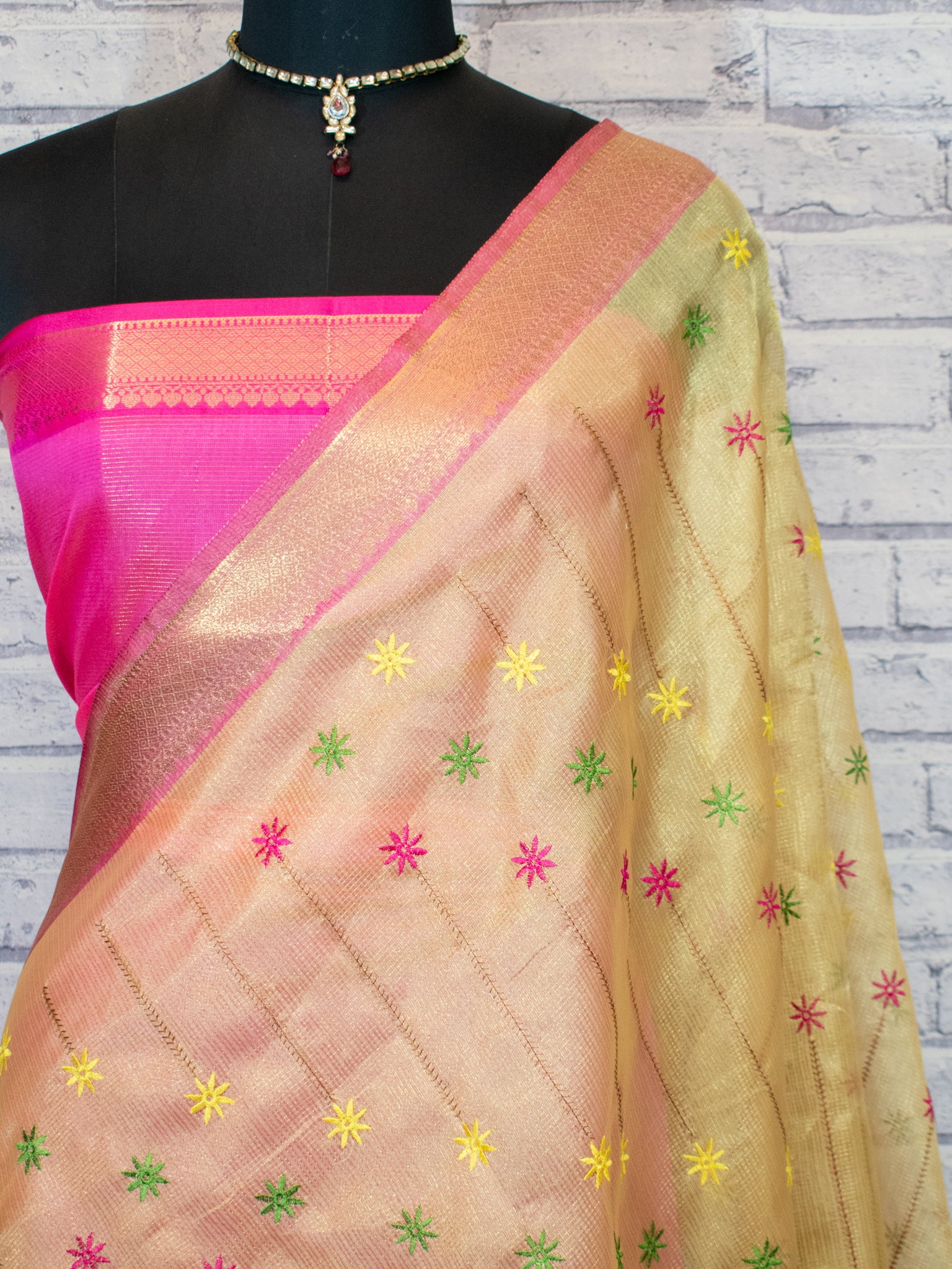 Banarasi Kota Check Saree With Embroidery & Border - Gold