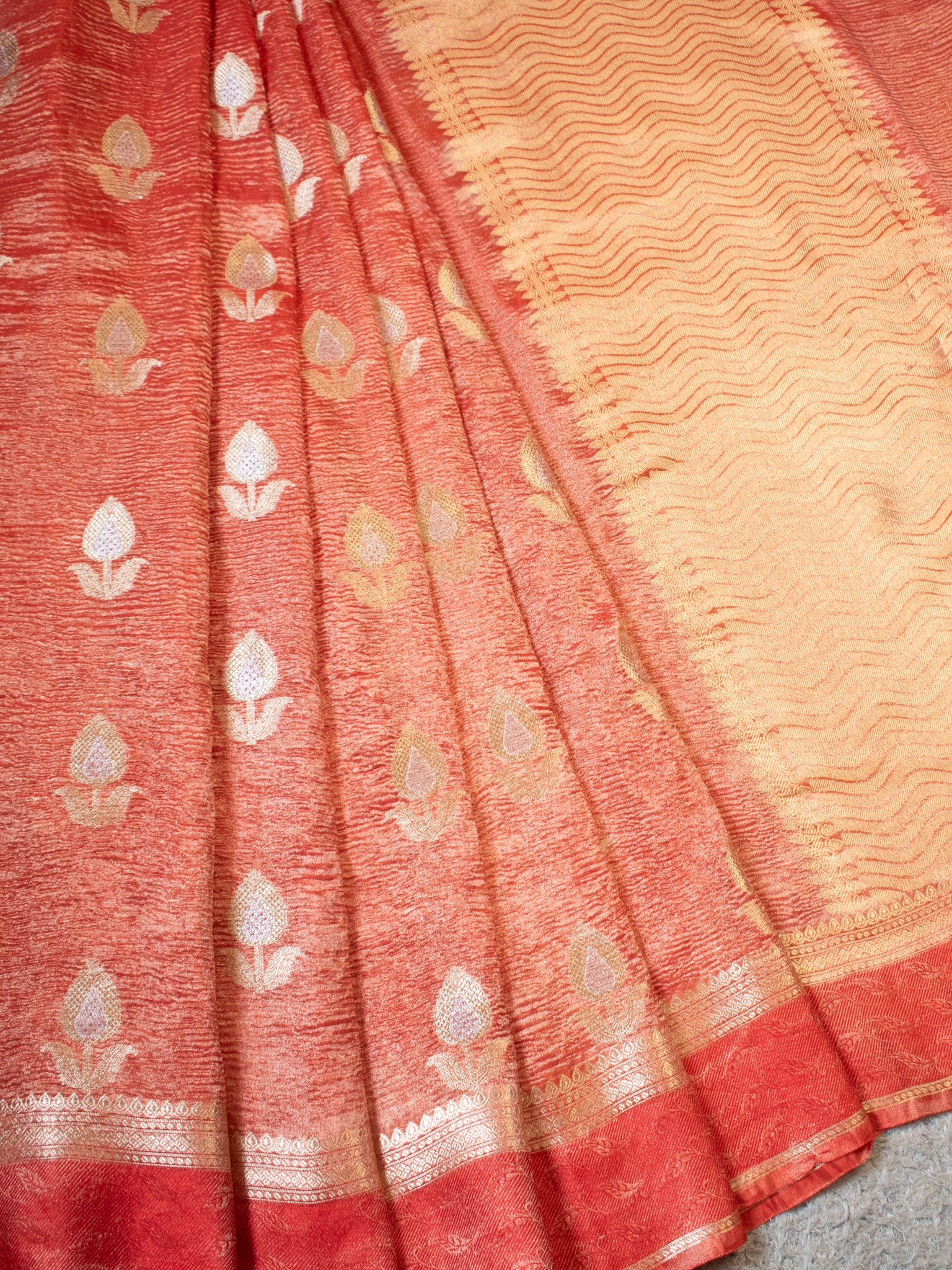 Banarasi Katan Crushed Tissue Saree With Border - Orange