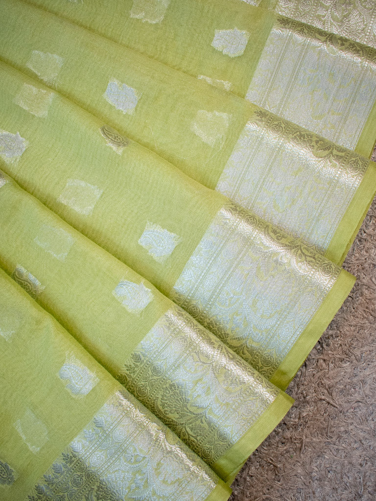 Banarasi Semi Chiffon Saree Silver Zari Buti Weaving-Green