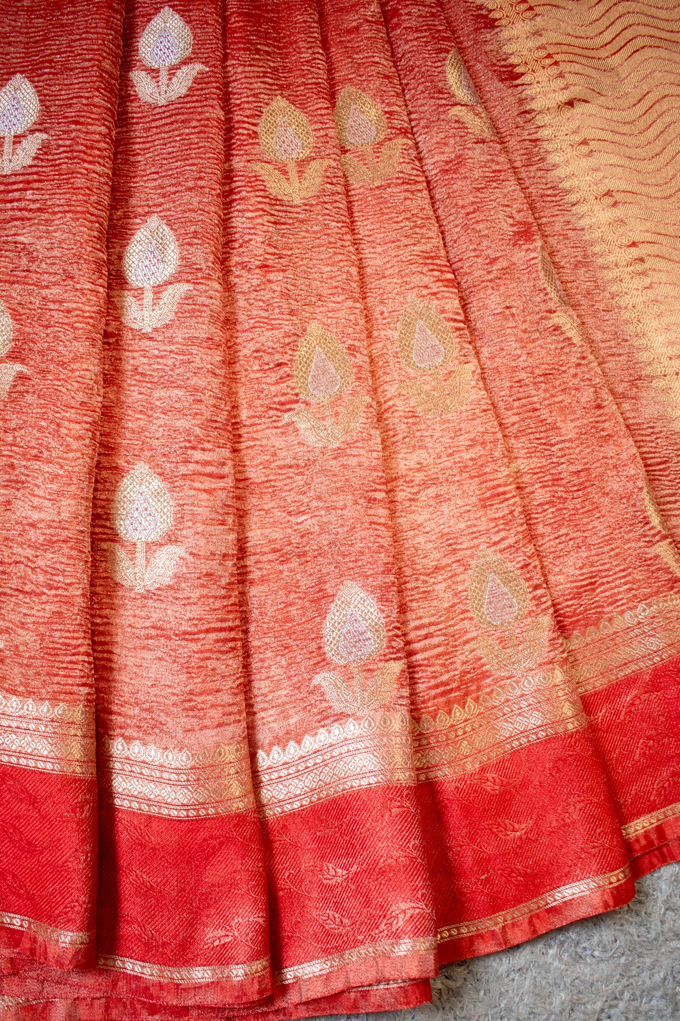 Banarasi Katan Crushed Tissue Saree With Border - Orange