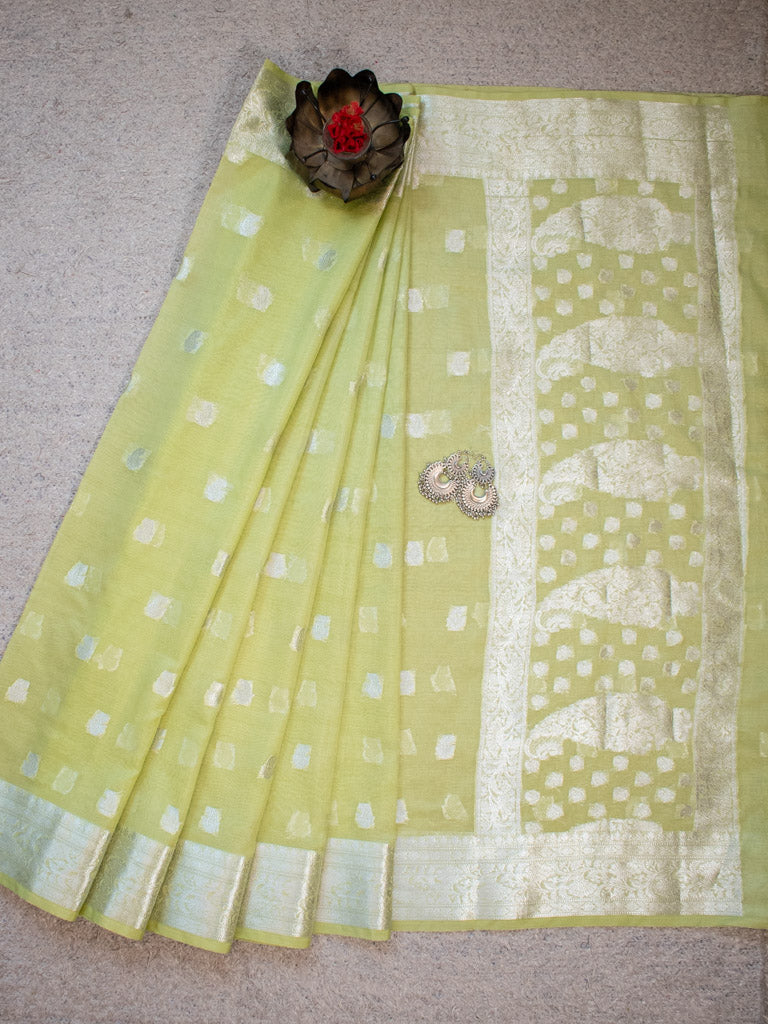 Banarasi Semi Chiffon Saree Silver Zari Buti Weaving-Green
