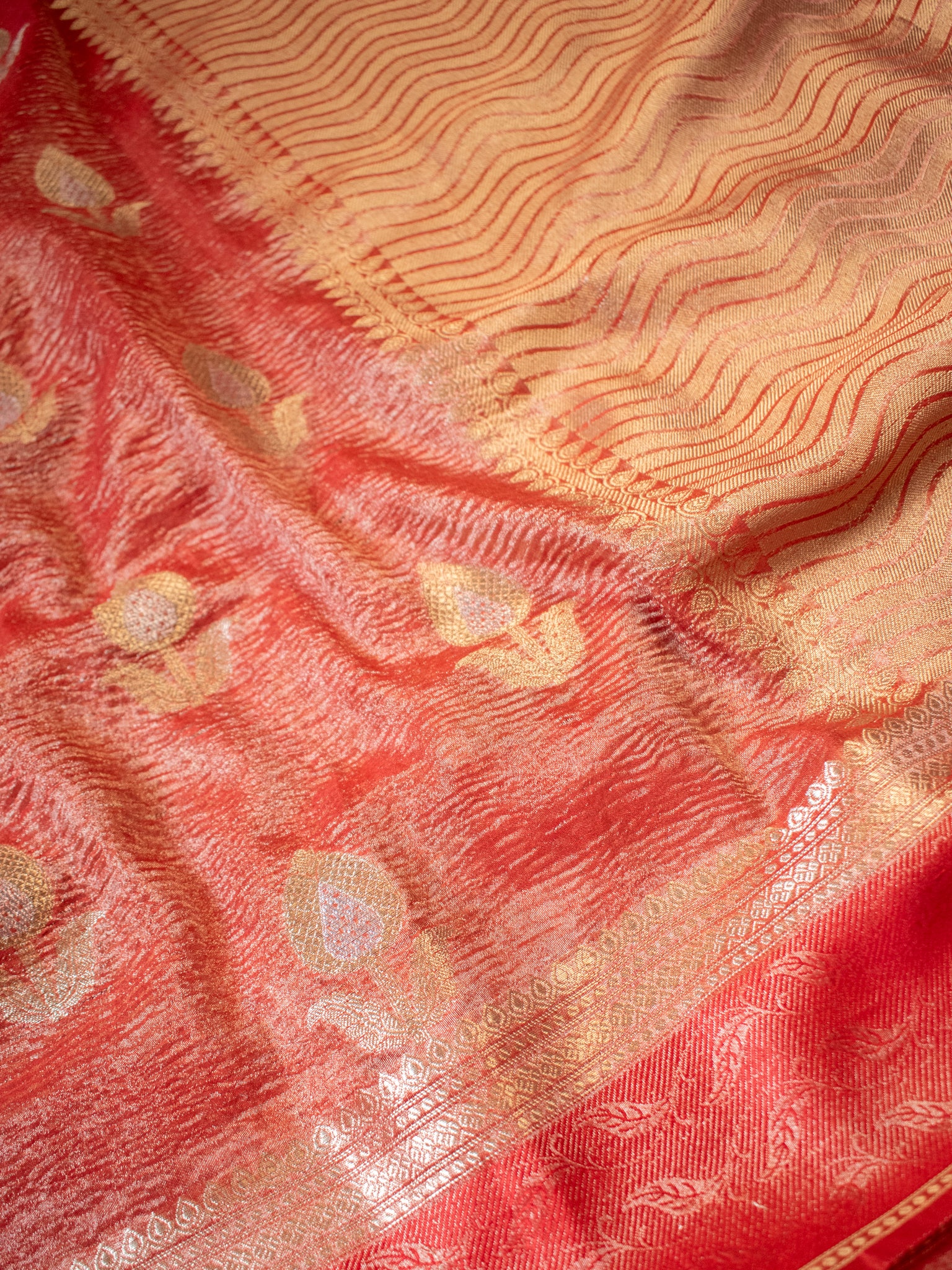 Banarasi Katan Crushed Tissue Saree With Border - Orange
