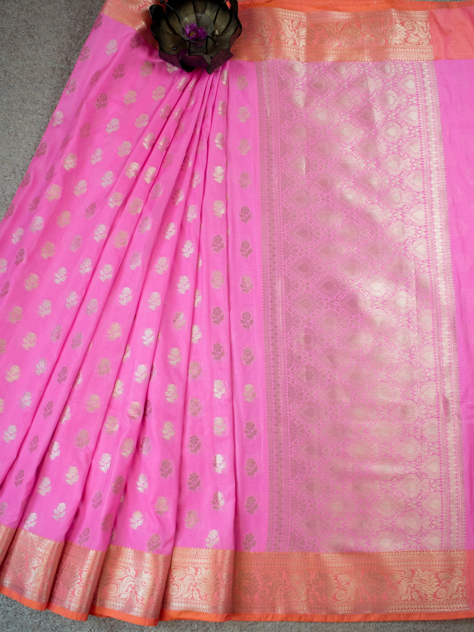 Banarasi  Cotton Silk Saree Silver Zari Weaving With Contrast Border-Pink