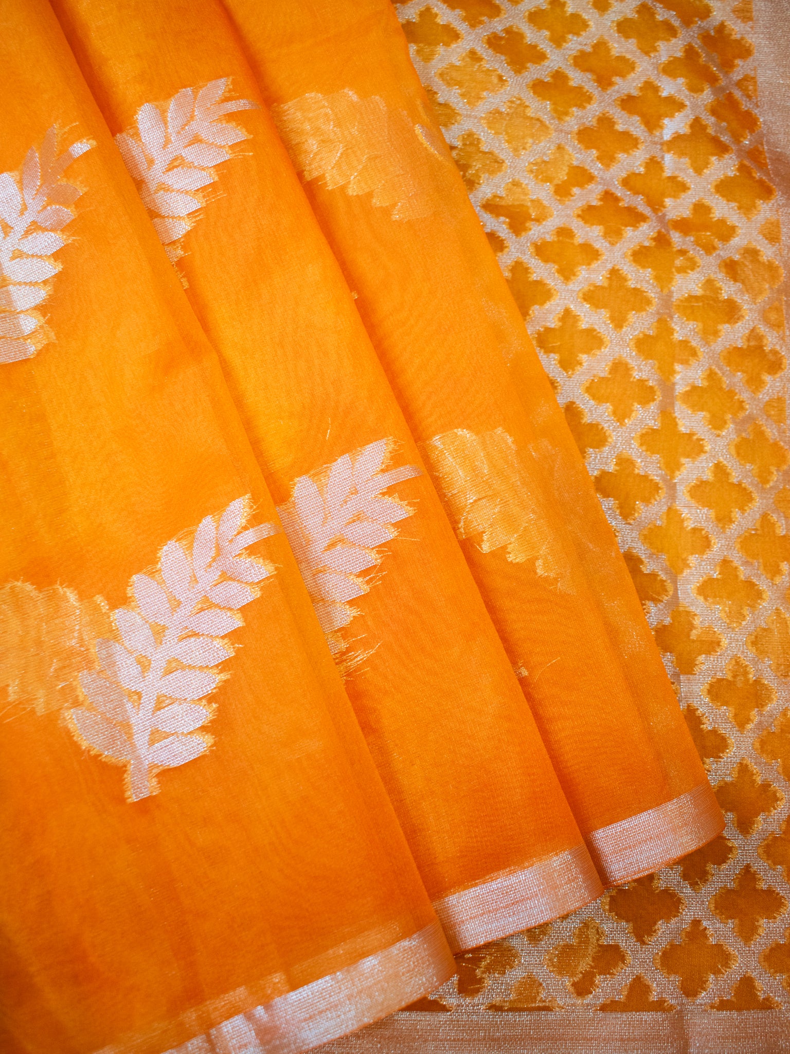 Banarasi Organza Dual Shade Saree With Zari Border- Yellow & Orange