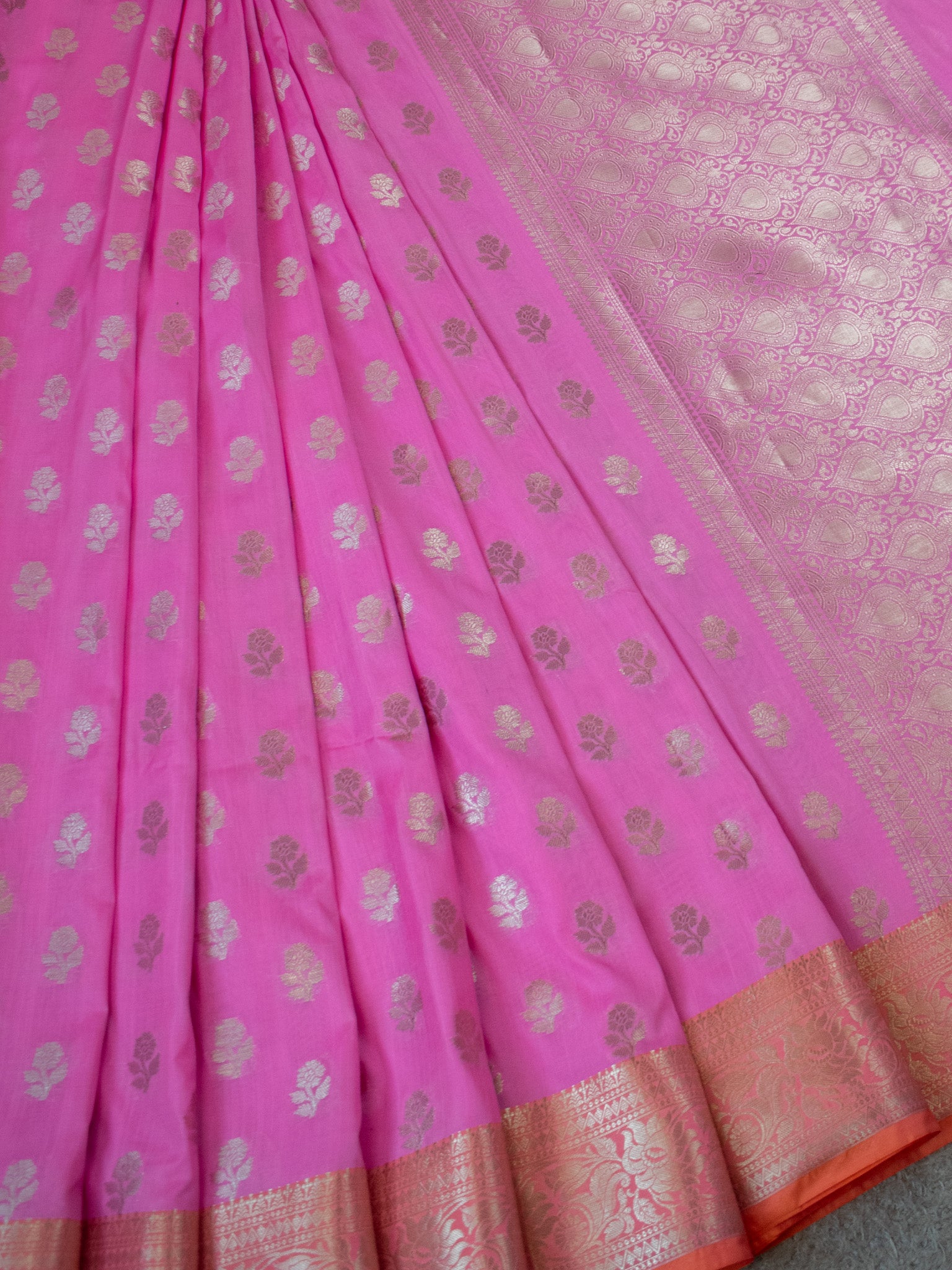 Banarasi  Cotton Silk Saree Silver Zari Weaving With Contrast Border-Pink