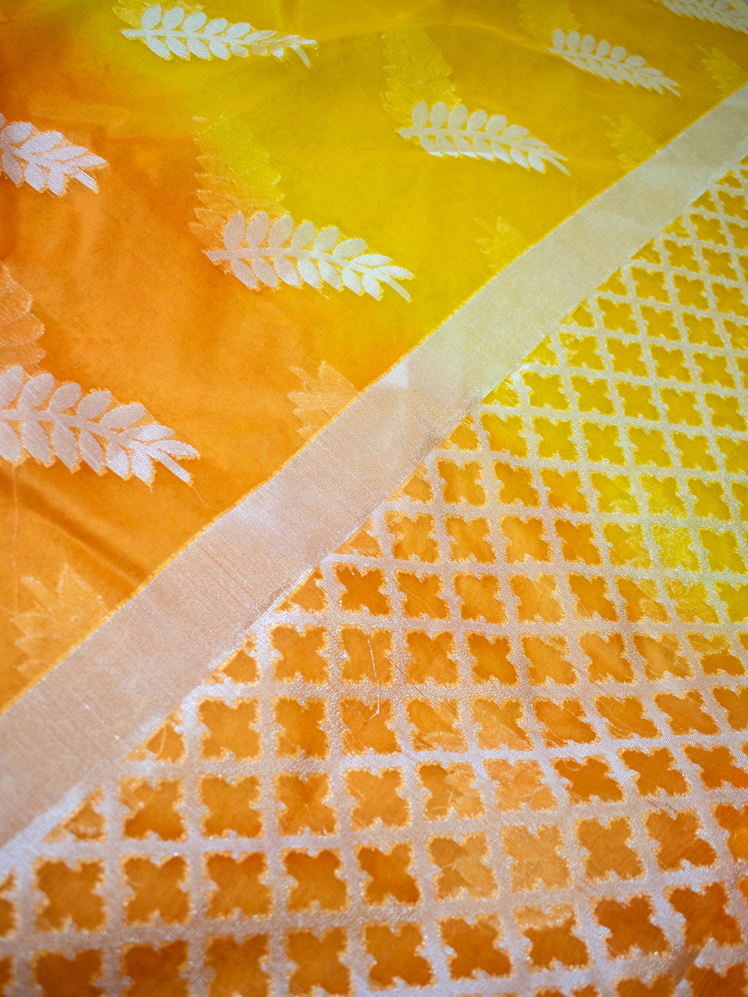Banarasi Organza Dual Shade Saree With Zari Border- Yellow & Orange