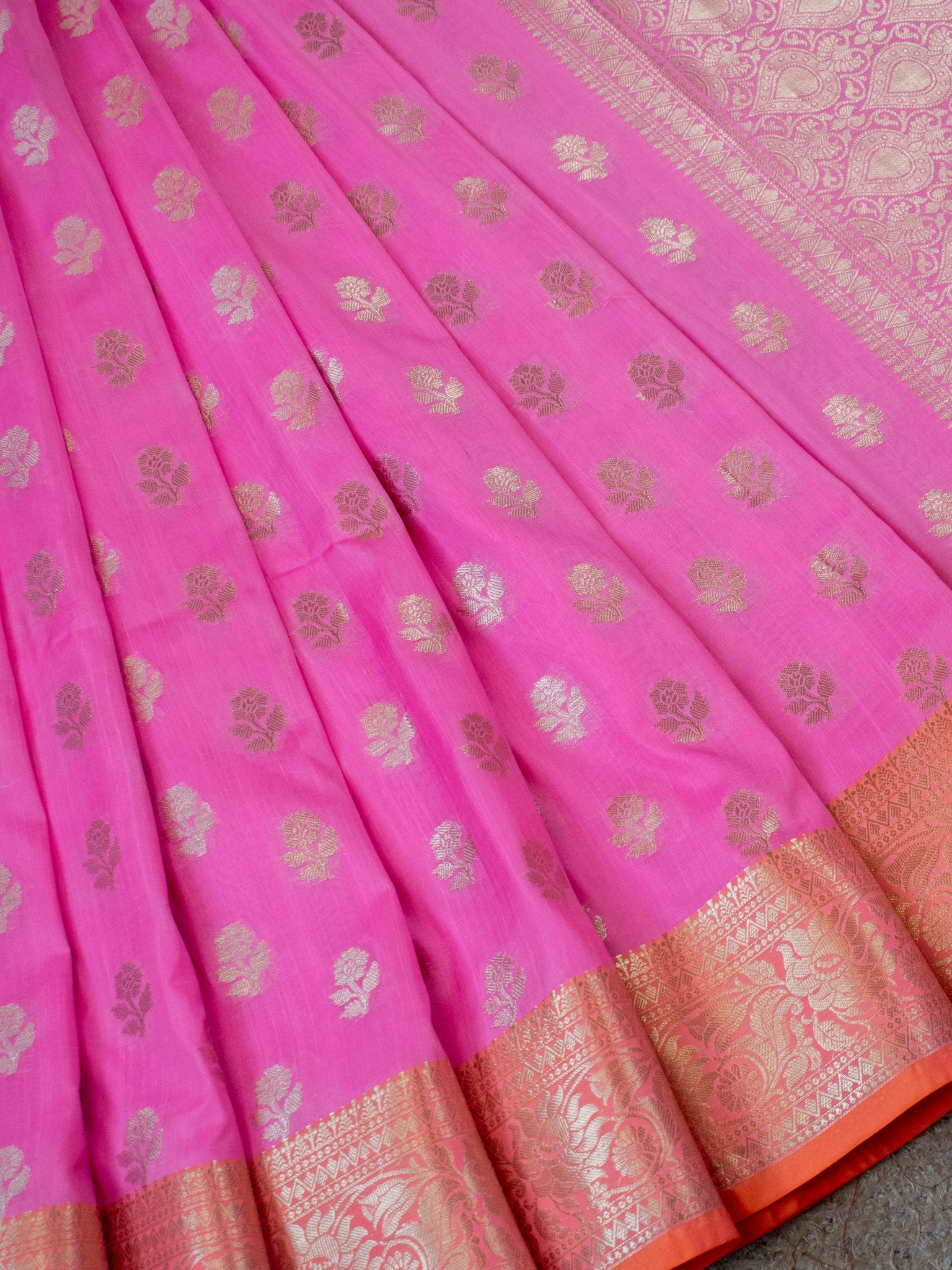 Banarasi  Cotton Silk Saree Silver Zari Weaving With Contrast Border-Pink