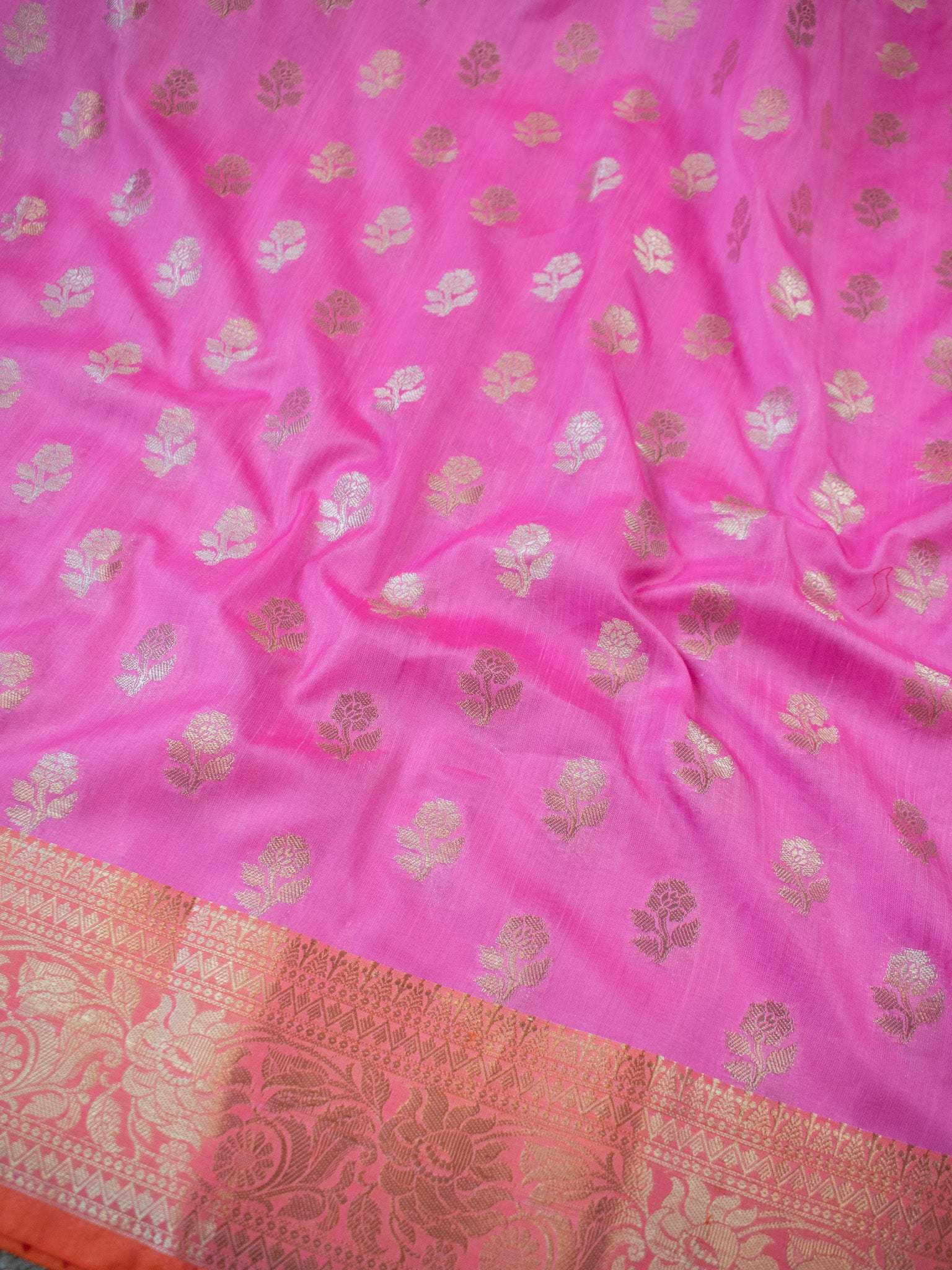 Banarasi  Cotton Silk Saree Silver Zari Weaving With Contrast Border-Pink