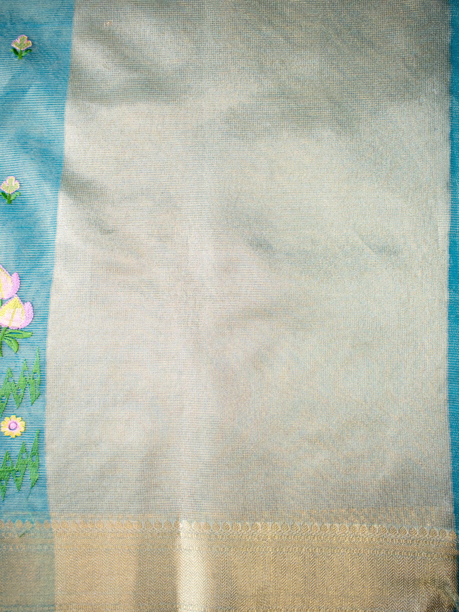 Banarasi Tissue Saree With Embroidery & Border - Blue