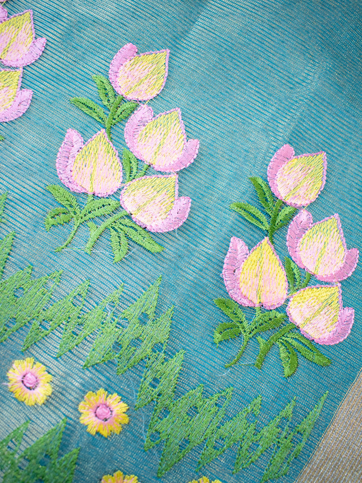 Banarasi Tissue Saree With Embroidery & Border - Blue