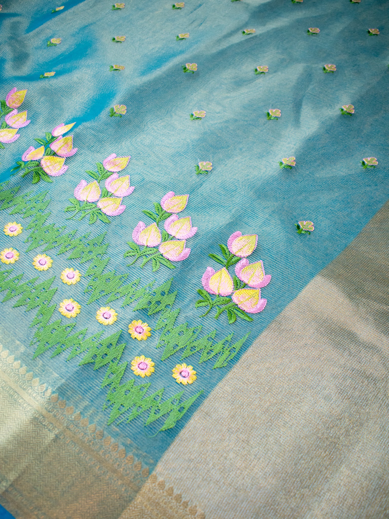 Banarasi Tissue Saree With Embroidery & Border - Blue