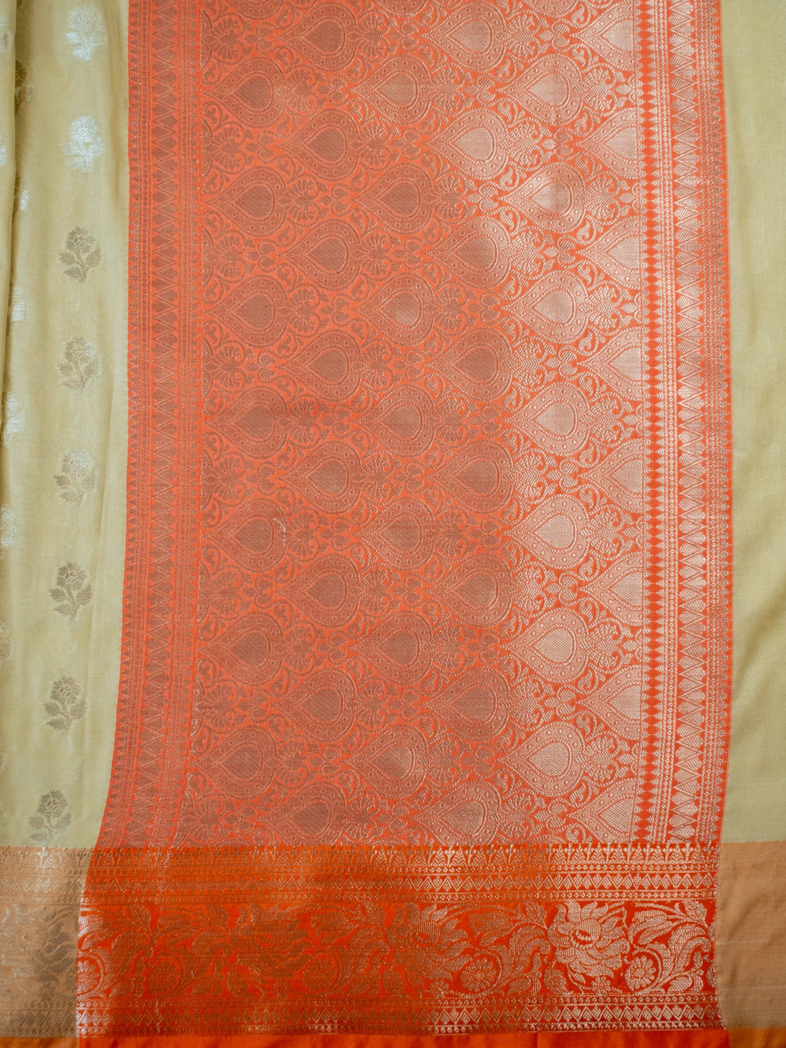 Banarasi  Cotton Silk Saree Silver Zari Weaving With Contrast Border- Beige