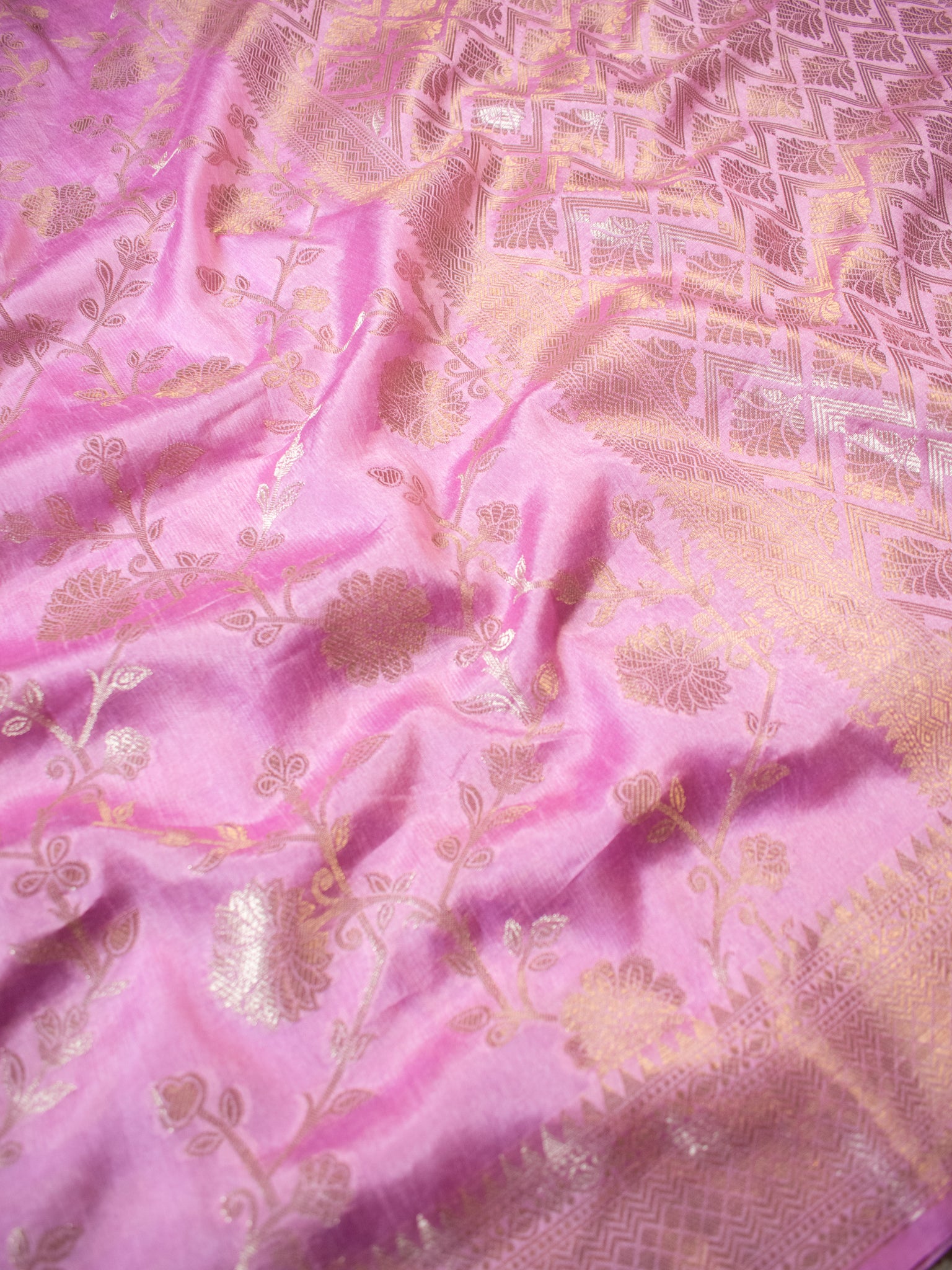 Banarasi Cotton Silk Saree With Floral Weaving & Border- Pink