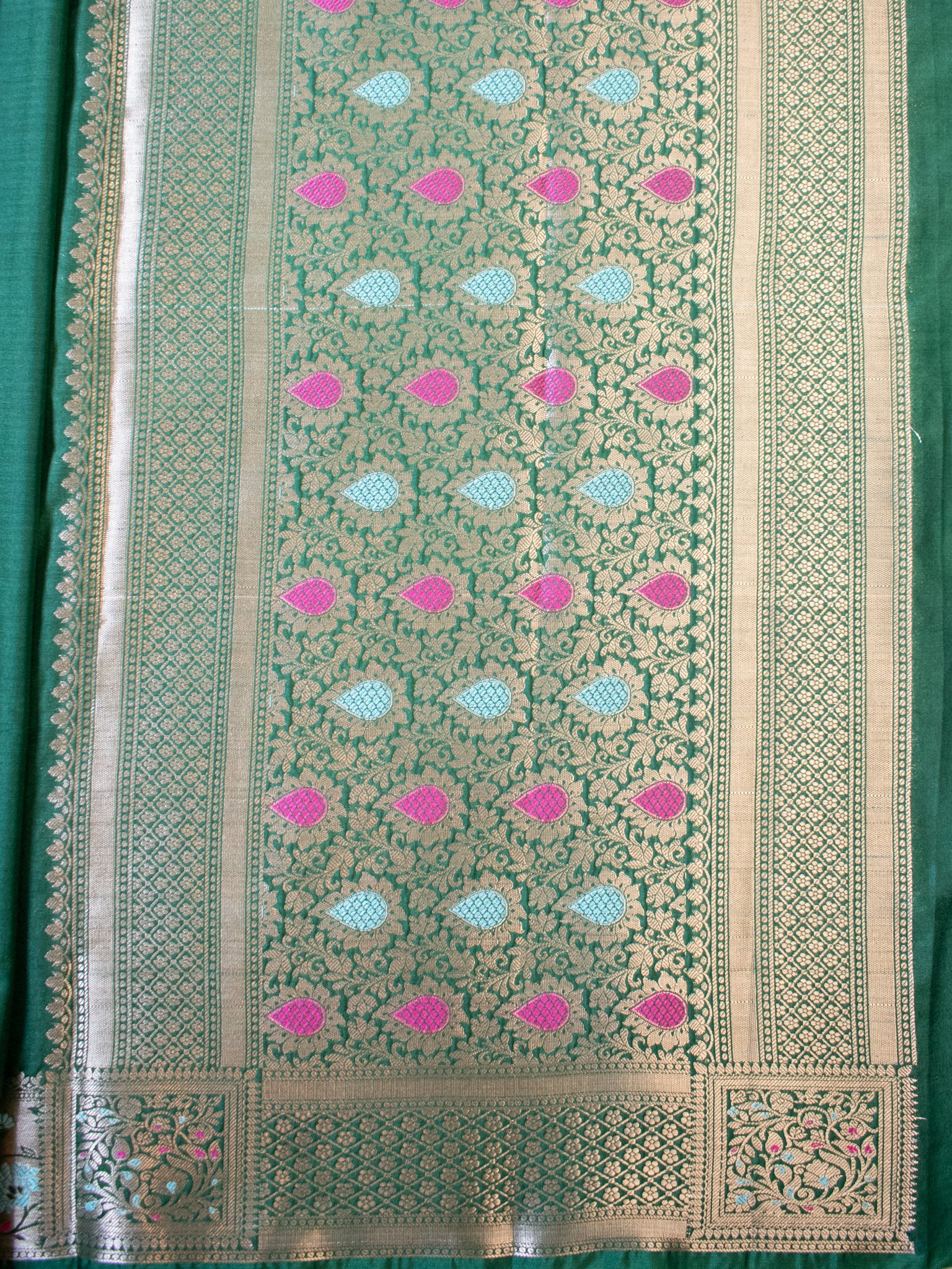 Banarasi Plain Semi Katan Saree With Meena Border- Green