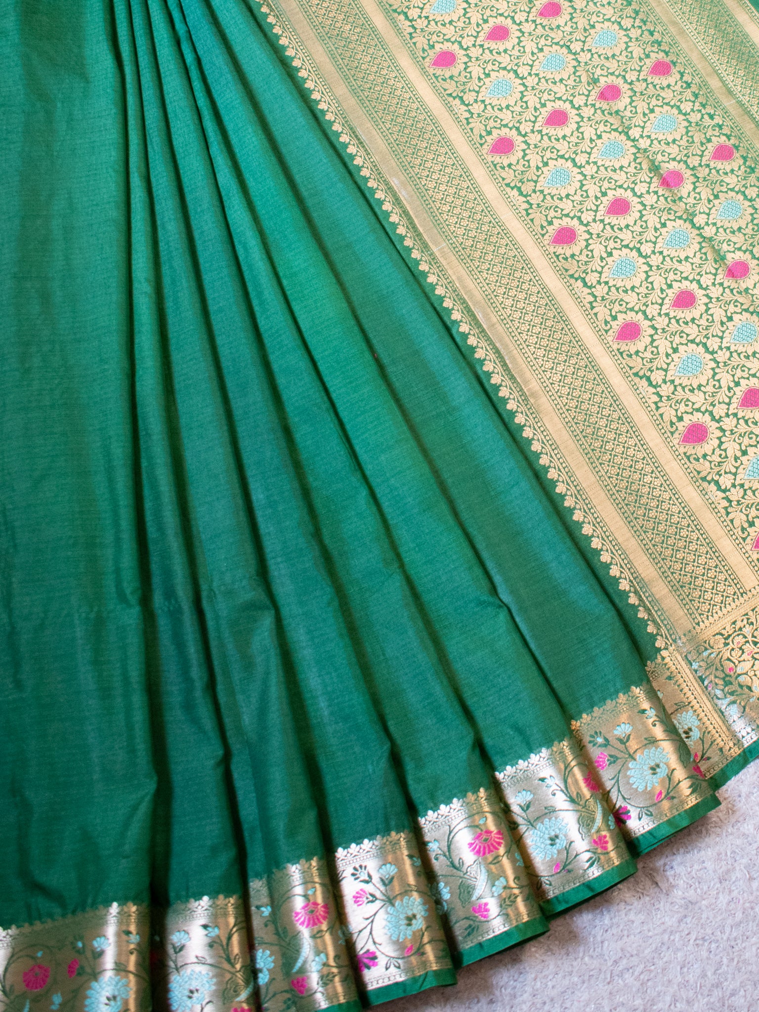 Banarasi Plain Semi Katan Saree With Meena Border- Green