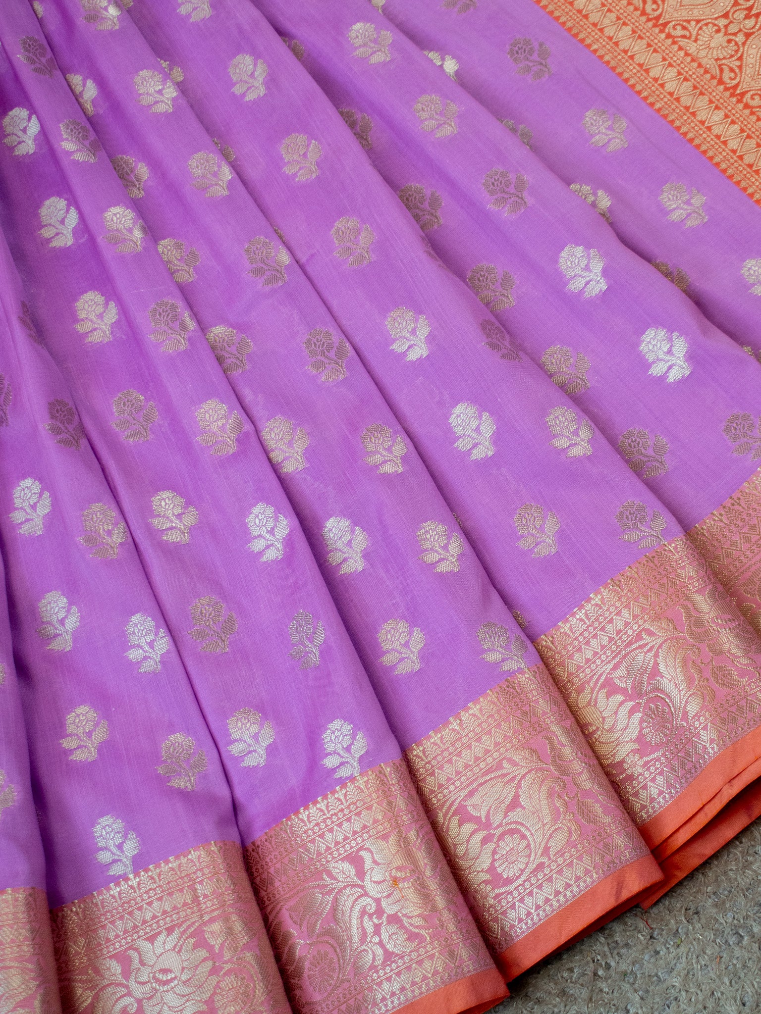 Banarasi  Cotton Silk Saree Silver Zari Weaving With Contrast Border-Lavender