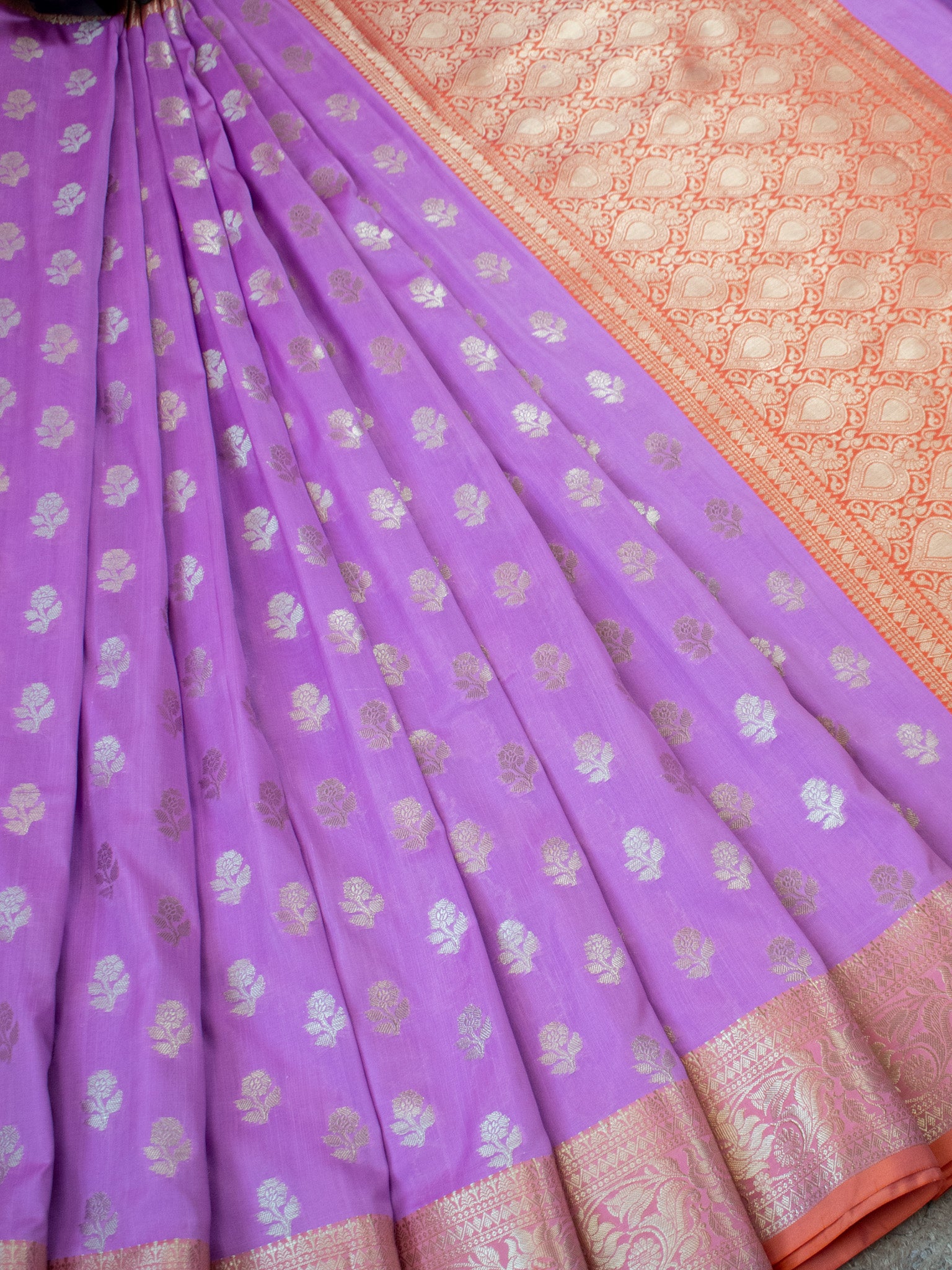 Banarasi  Cotton Silk Saree Silver Zari Weaving With Contrast Border-Lavender