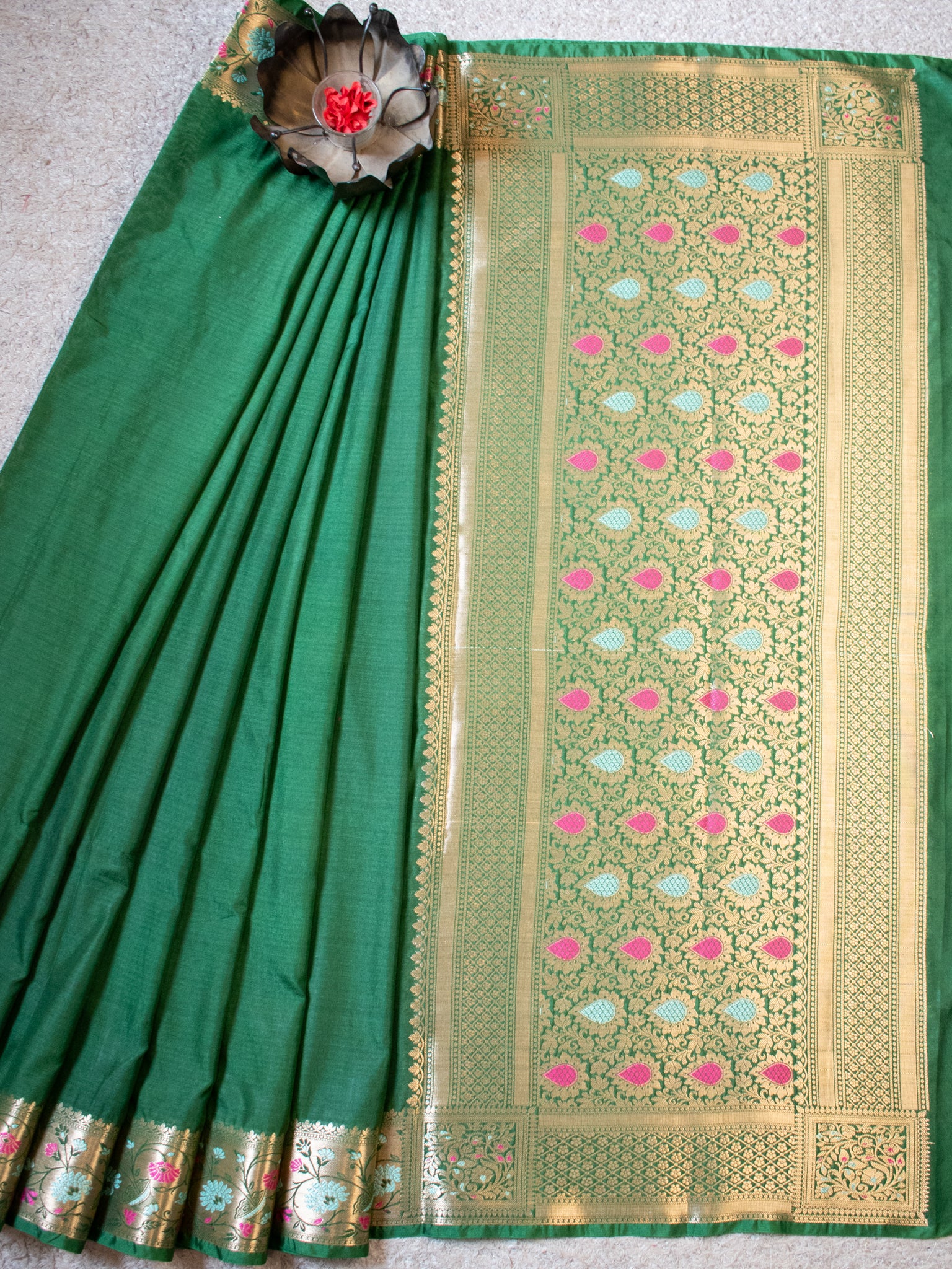 Banarasi Plain Semi Katan Saree With Meena Border- Green