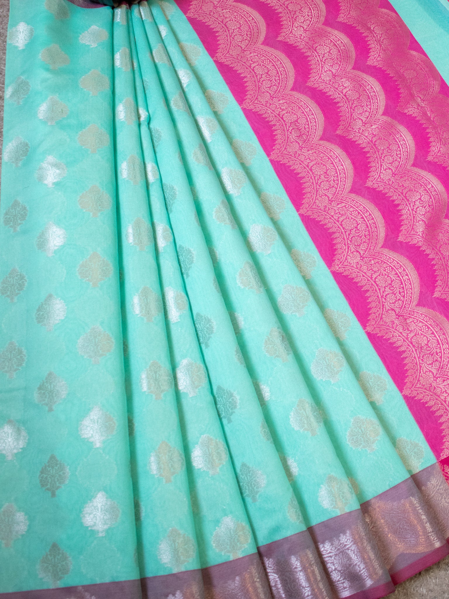 Banarasi Cotton Silk Saree With Buta & Contrast Border- Blue