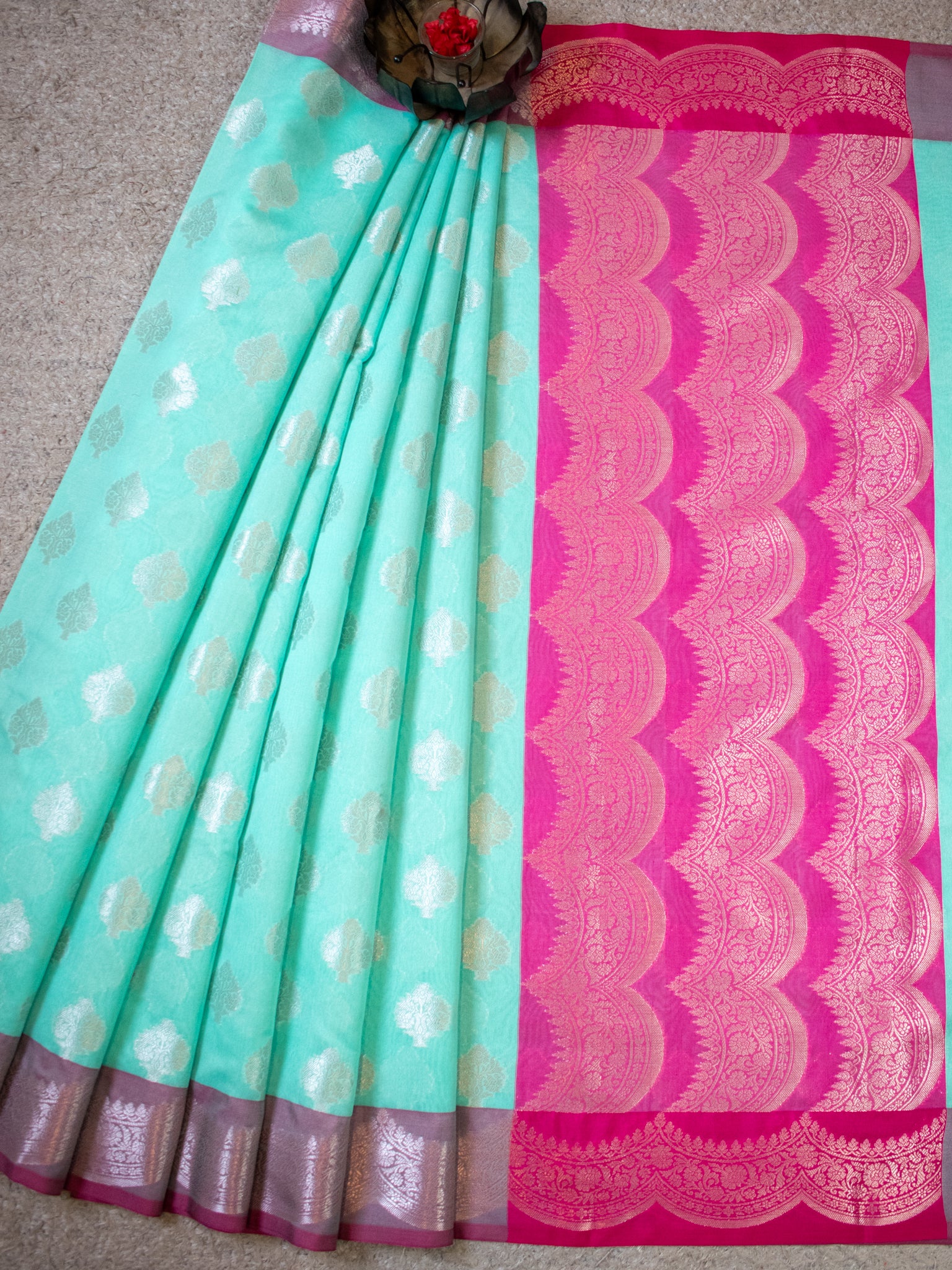 Banarasi Cotton Silk Saree With Buta & Contrast Border- Blue