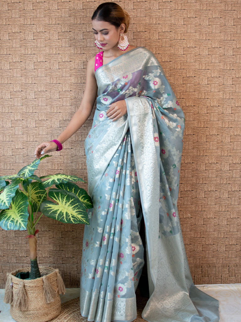 Banarasi Semi Silk Saree With Jaal Zari & Meena Weaving-Grey