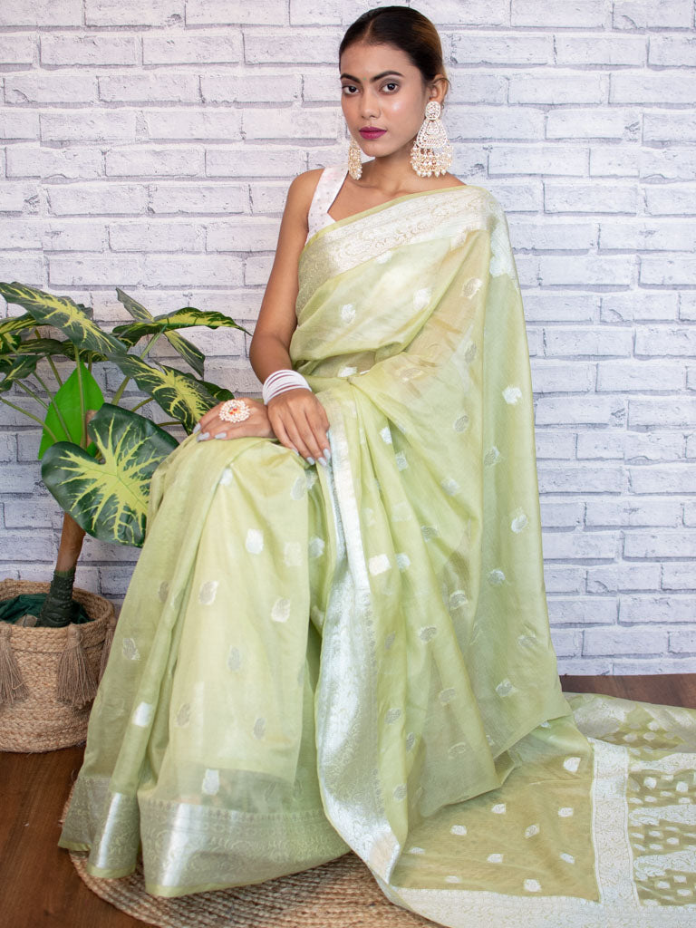 Banarasi Semi Chiffon Saree Silver Zari Buti Weaving-Green