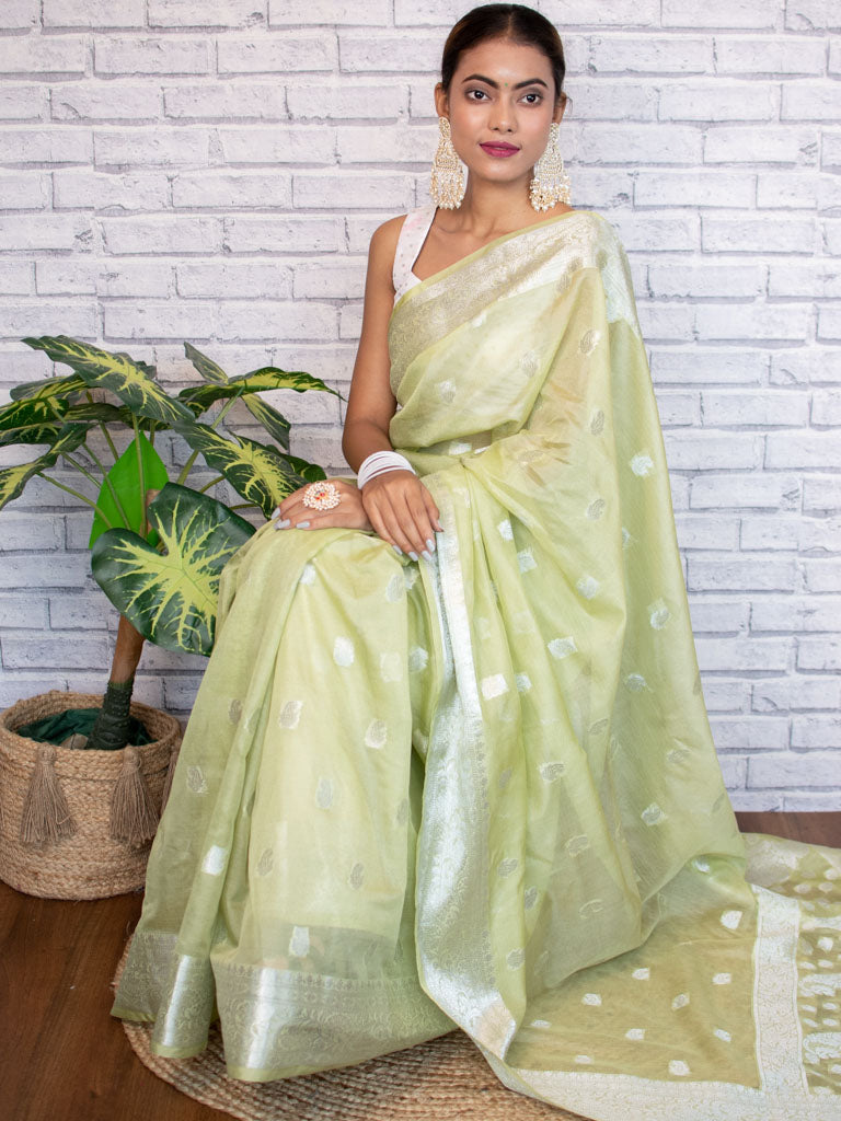 Banarasi Semi Chiffon Saree Silver Zari Buti Weaving-Green