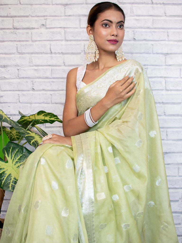 Banarasi Semi Chiffon Saree Silver Zari Buti Weaving-Green