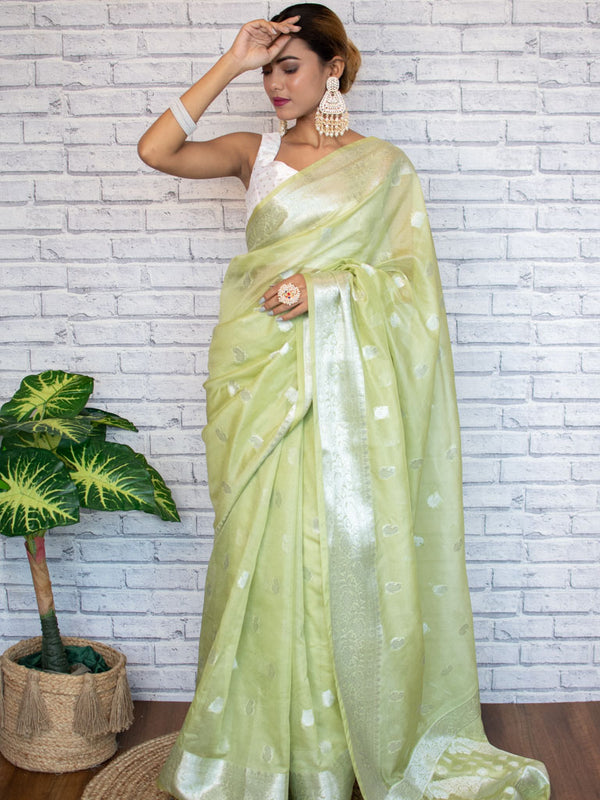 Banarasi Semi Chiffon Saree Silver Zari Buti Weaving-Green