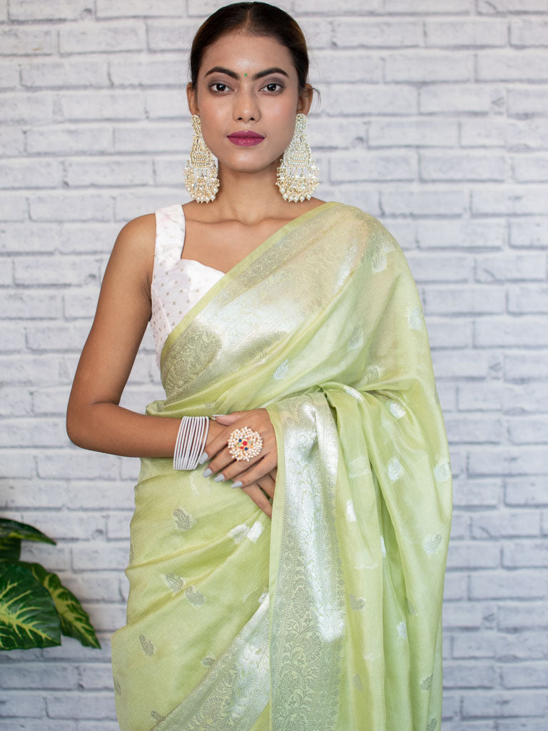 Banarasi Semi Chiffon Saree Silver Zari Buti Weaving-Green