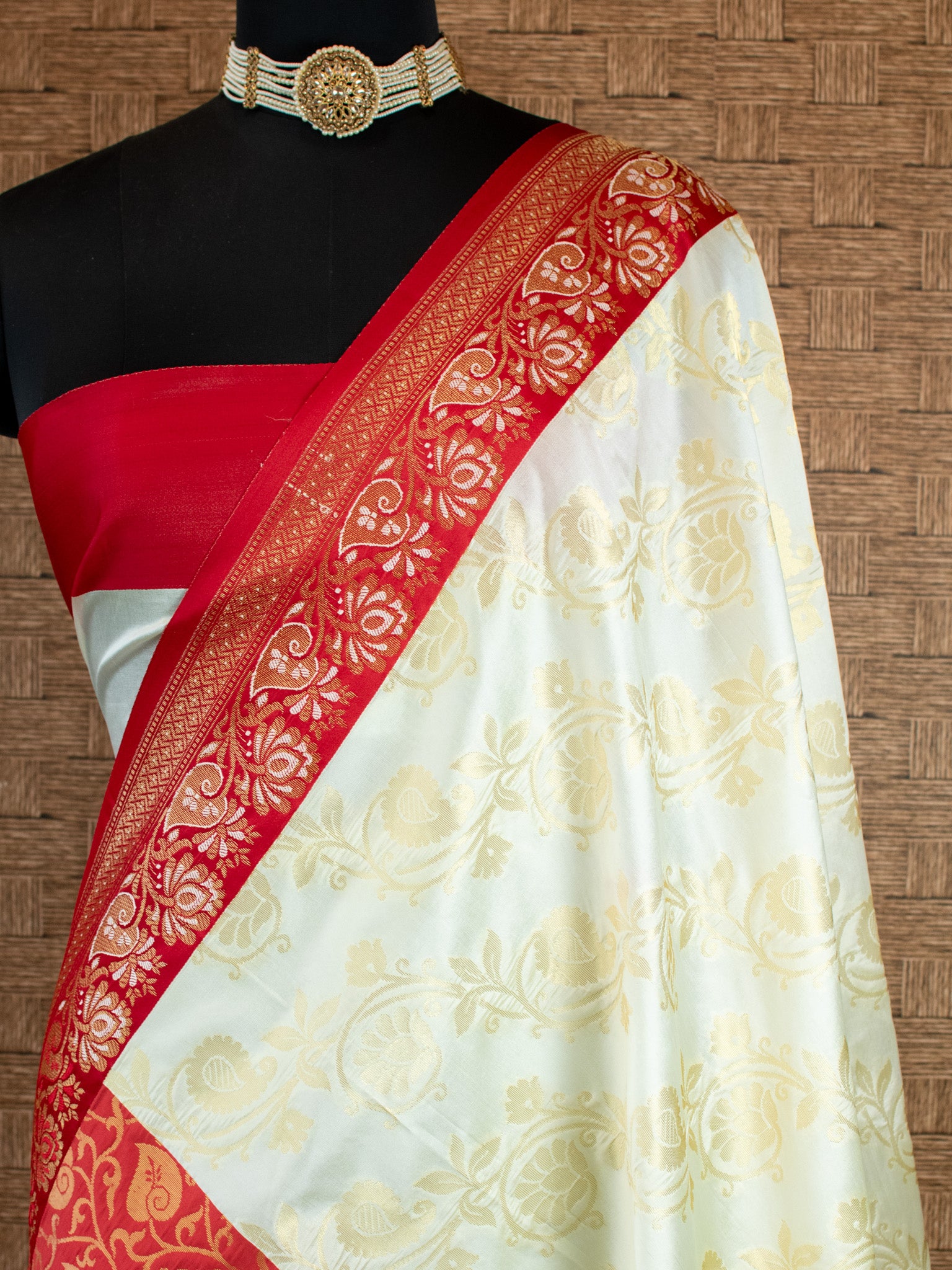 Banarasi Dupion Silk Saree With Contrast Border-Off white & Red